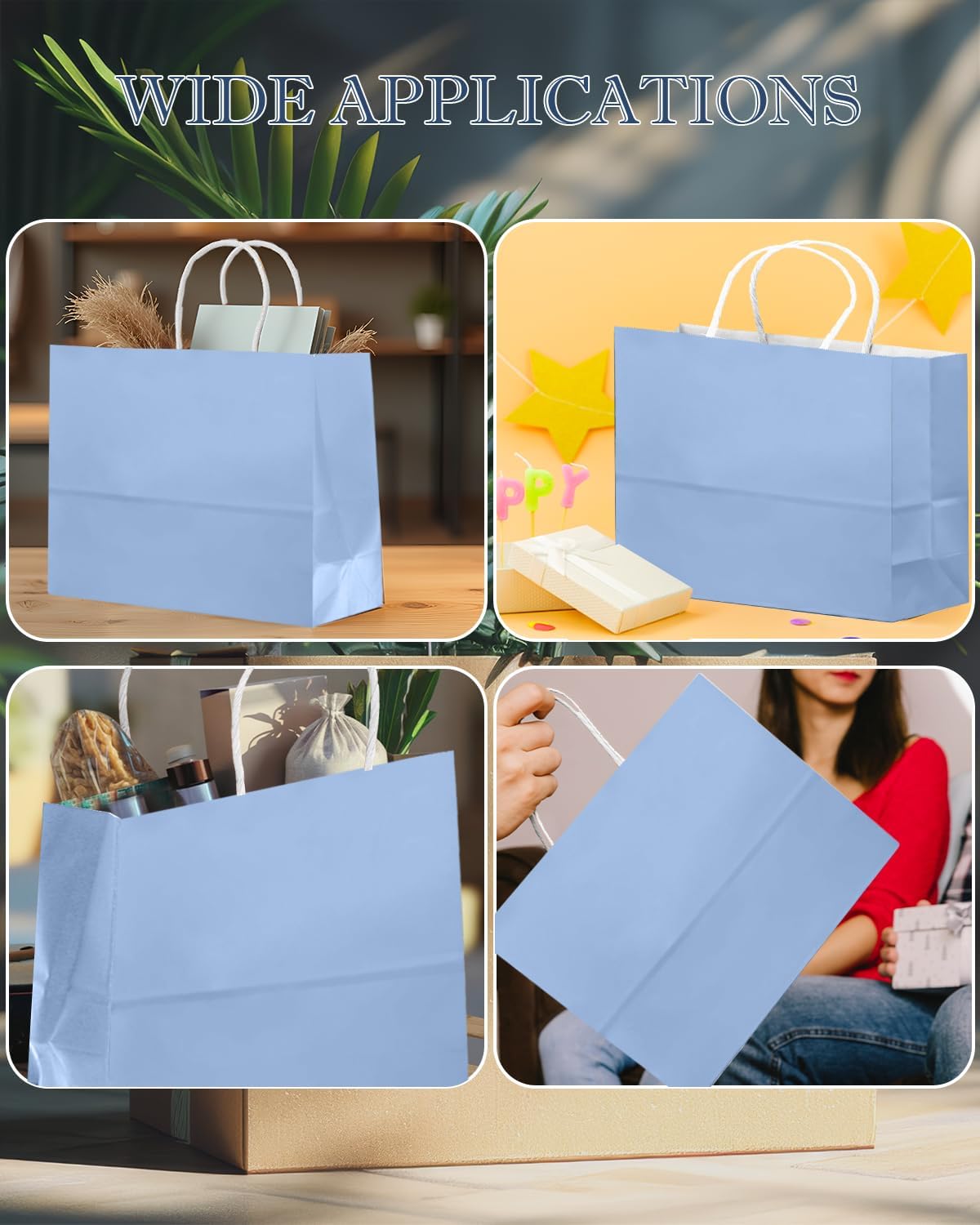 qiqee 50-Packs Light Blue Paper Gift Bags with Handles Bulk 12.6"x4.3"x10" Wide Large Size Party Favor Bags Multiple Uses