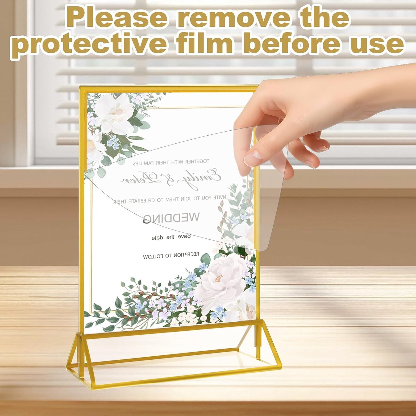 8PCS 5x7" Double-Sided Acrylic Sign Holders, Clear Gold Picture Frames, Table Number Holders with Golden Border for Wedding Reception, Centerpiece, Decoration, Party