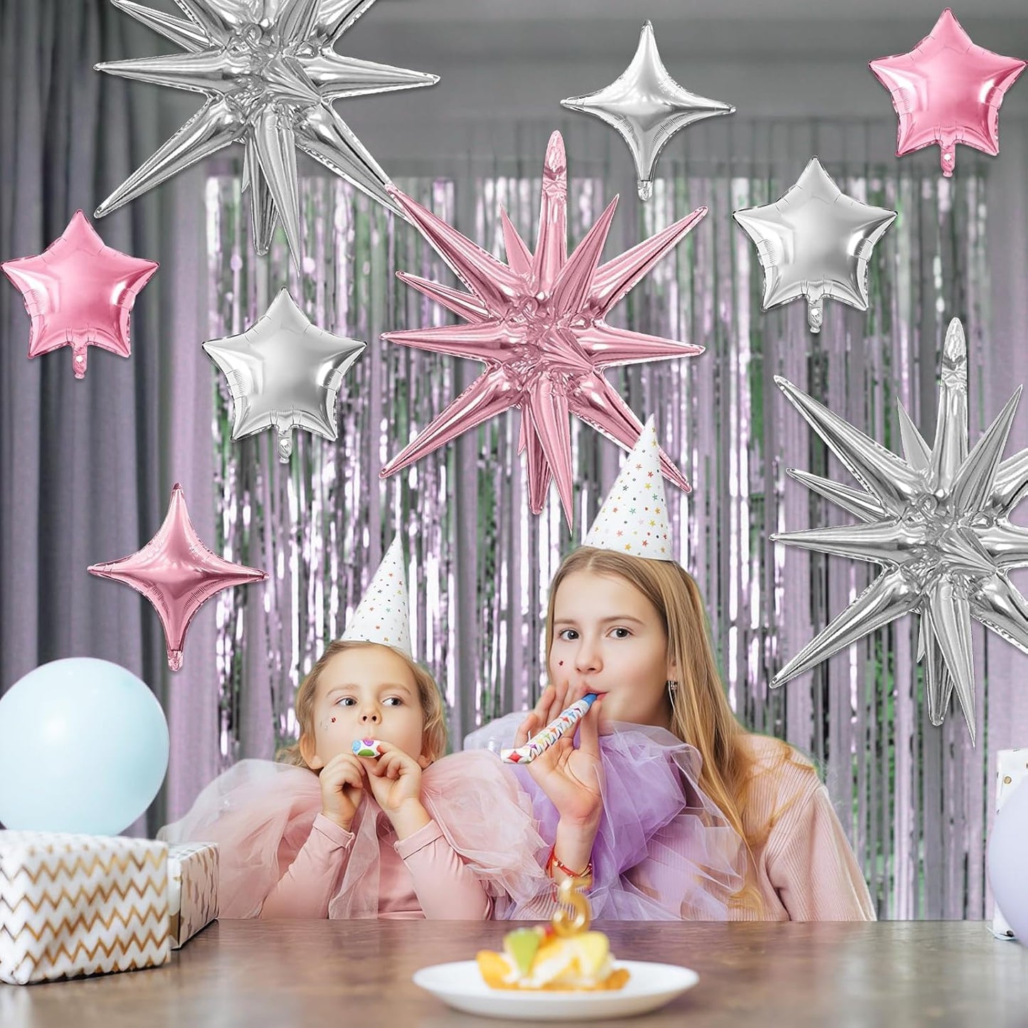 Pink Silver Star Balloon,16Pcs Star Foil Balloons Set with 22Inch Explosion Spike Cone Balloons and 10Inch Quadrangle Helium Balloon for Birthday Wedding Baby Shower Party Decorations