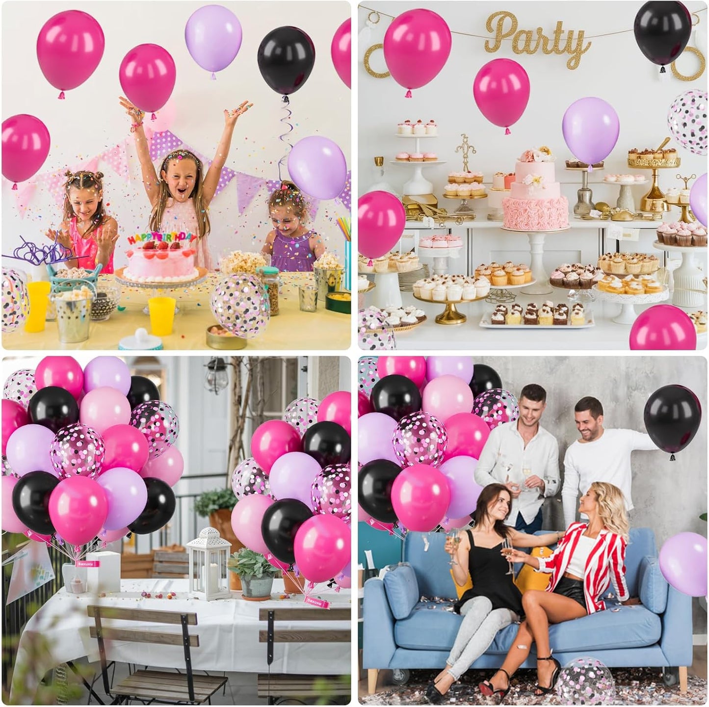 Pink Purple and Black Balloons, 12 Inch Black Purple Hot Pink Balloons, Confetti Balloon for Girls Birthday Baby Shower Wedding Bridal Shower Princess Party Decorations