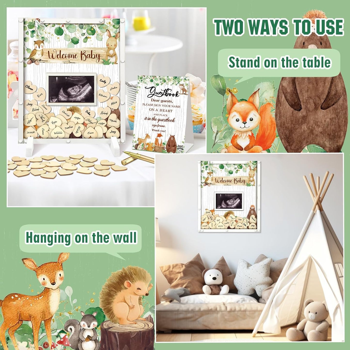 65 Pcs Woodland Animal Baby Shower Guest Book Alternatives He or She Gender Reveal Baby Shower Decorations Sign in Guest Book with Picture Frame and 60 Wooden Chip