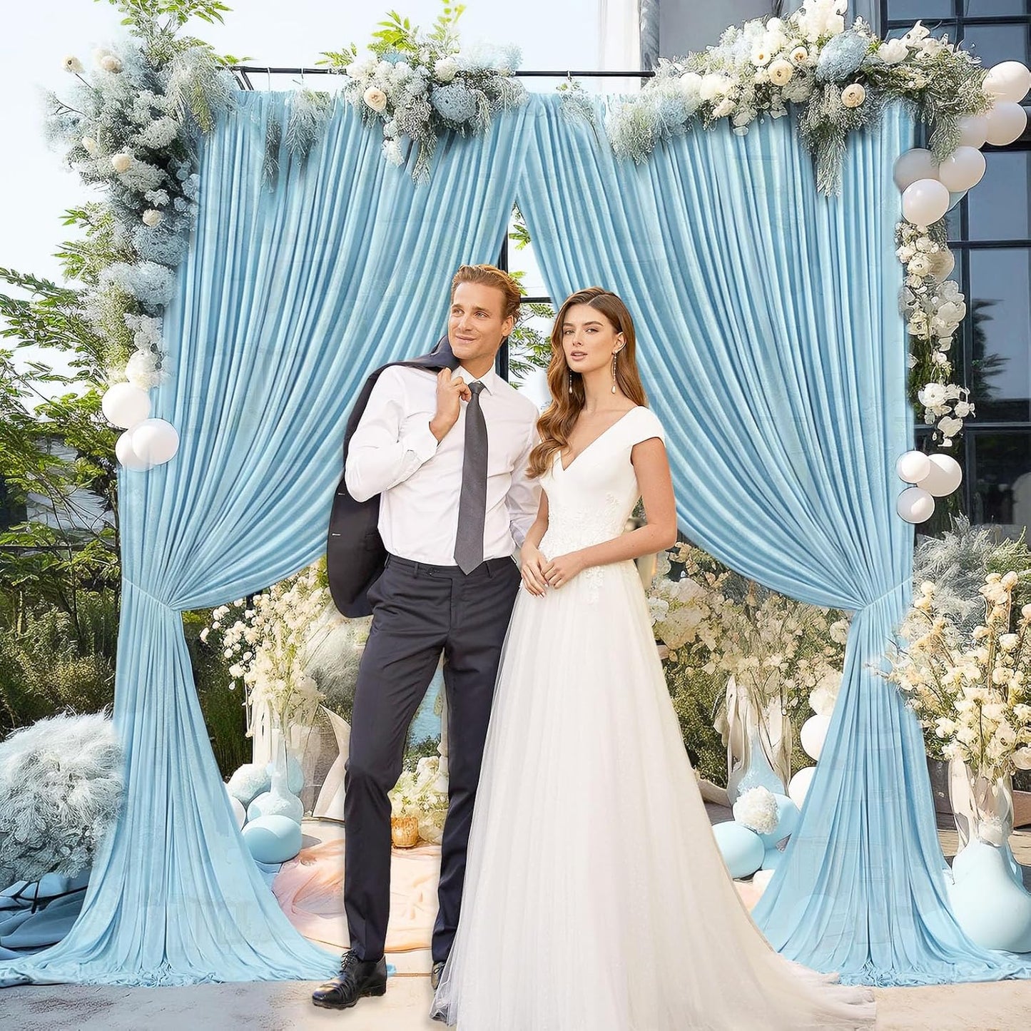 10 x 7 Feet Light Blue Backdrop Curtain for Partie, Background Curtains for Photoshoot, Birthday, Wedding, Halloween, Thanksgiving, Christmas Day, New Year Party Decorations 5Ft x 7Ft, 2 Panels