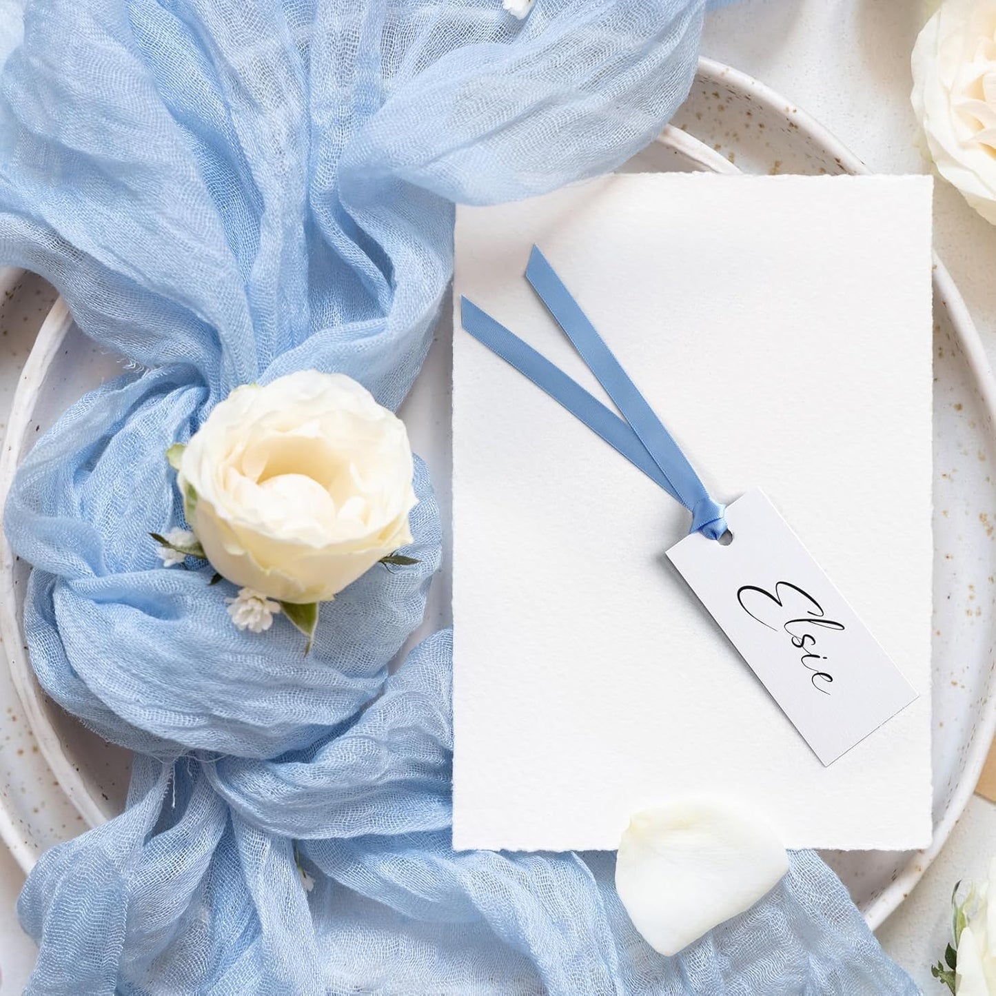 50 Pcs Name Place Cards for Table Setting Blank Wedding Place Cards with Satin Ribbon 1.57 x 3.54 Inch Hanging Gift Tags for Wedding Dinner Banquet Party Table Setting Supplies(Blue)
