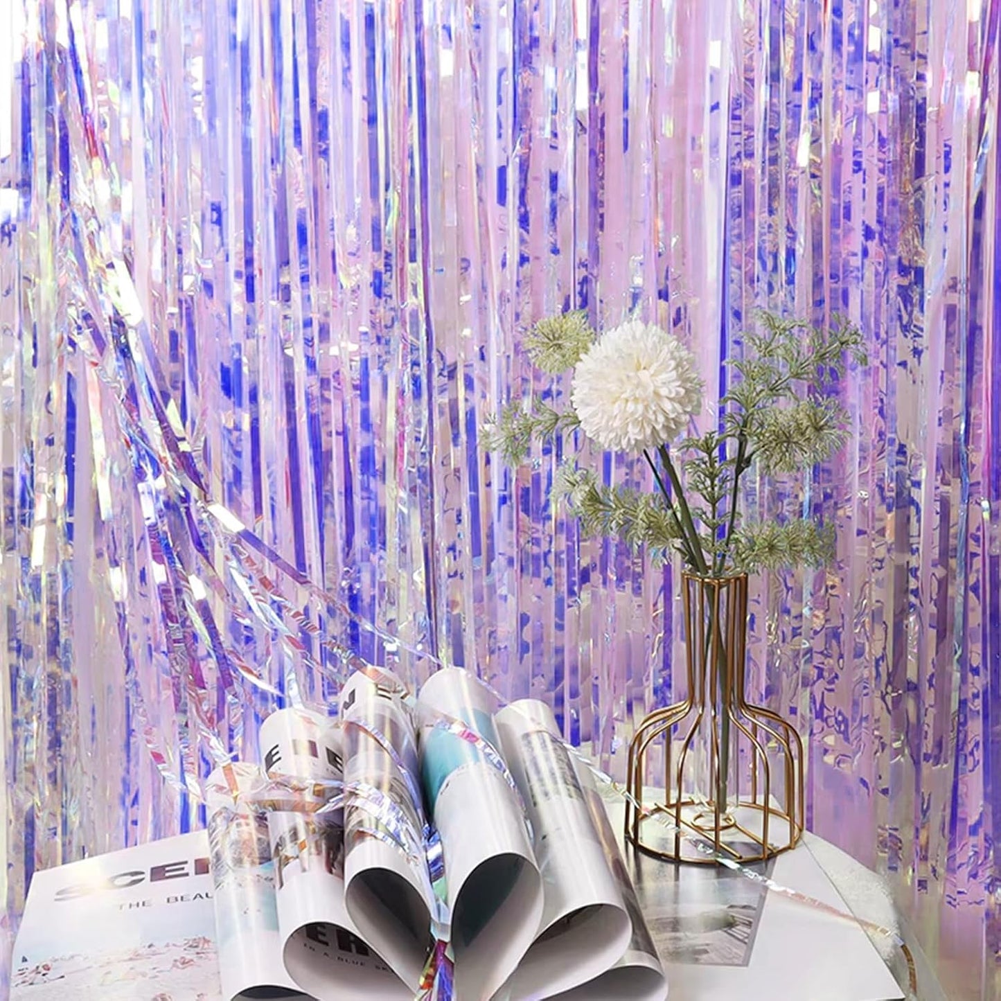 CANREVEL 2 Pack 3.2x6.5 Feet Iridescent Foil Fringe Backdrop Curtains, Clear Purple Tinsel Photo Booth Props Streamers Party Decorations for Birthdays Graduation, Mermaid, Halloween, Disco Party