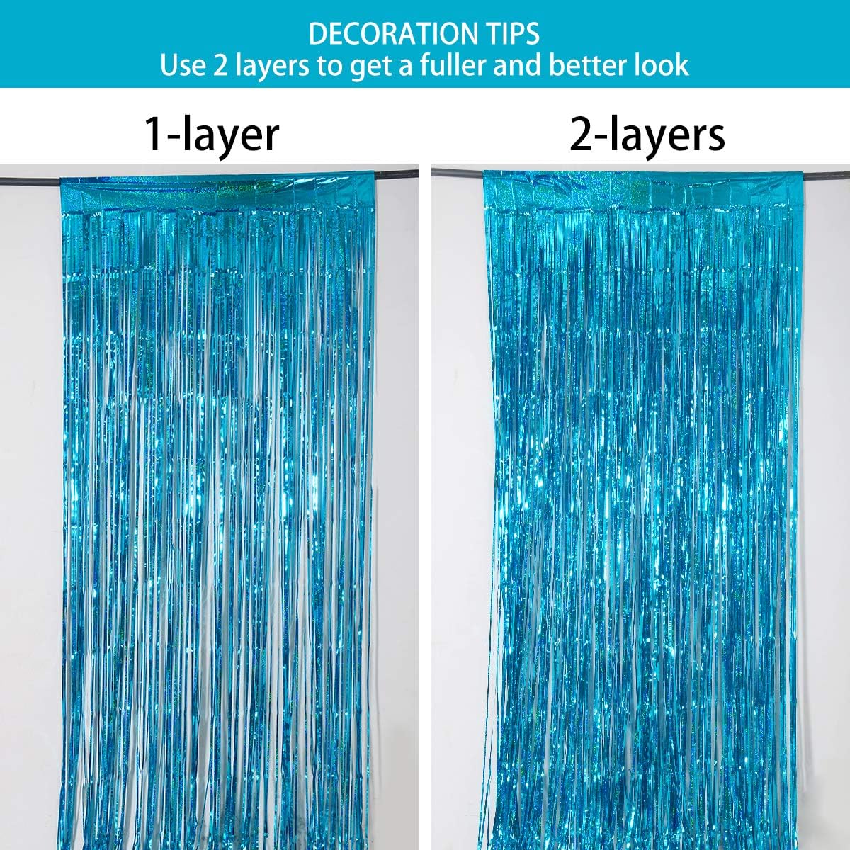Foil Fringe Curtains Party Decorations - Melsan 3 Pack 3.2 x 8.2 ft Tinsel Curtain Party Photo Backdrop for Birthday Party Baby Shower or Graduation Decorations April fool's Day Decorations Teal