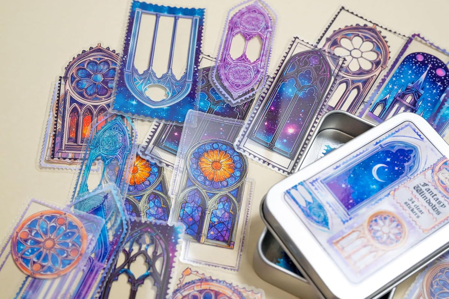 34 Pcs Fantasy Windows Sticker Set with Collectible Tin Box – Vintage Inspired Scrapbooking Stickers for Journals, Planners, Cards, DIY Crafts, Collage, Decorative Stationery & Creative Projects
