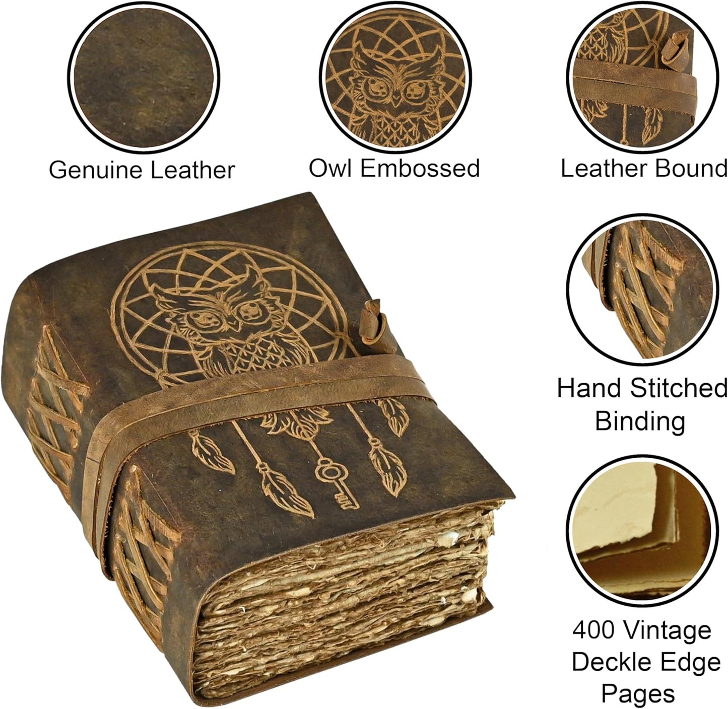 Urooj Handicraft 400 Page Book Of Shadows journal blank dream catcher with owl leather witchcraft books grimoire spell sketchbook college poetry personal notebooks (Owl 2)