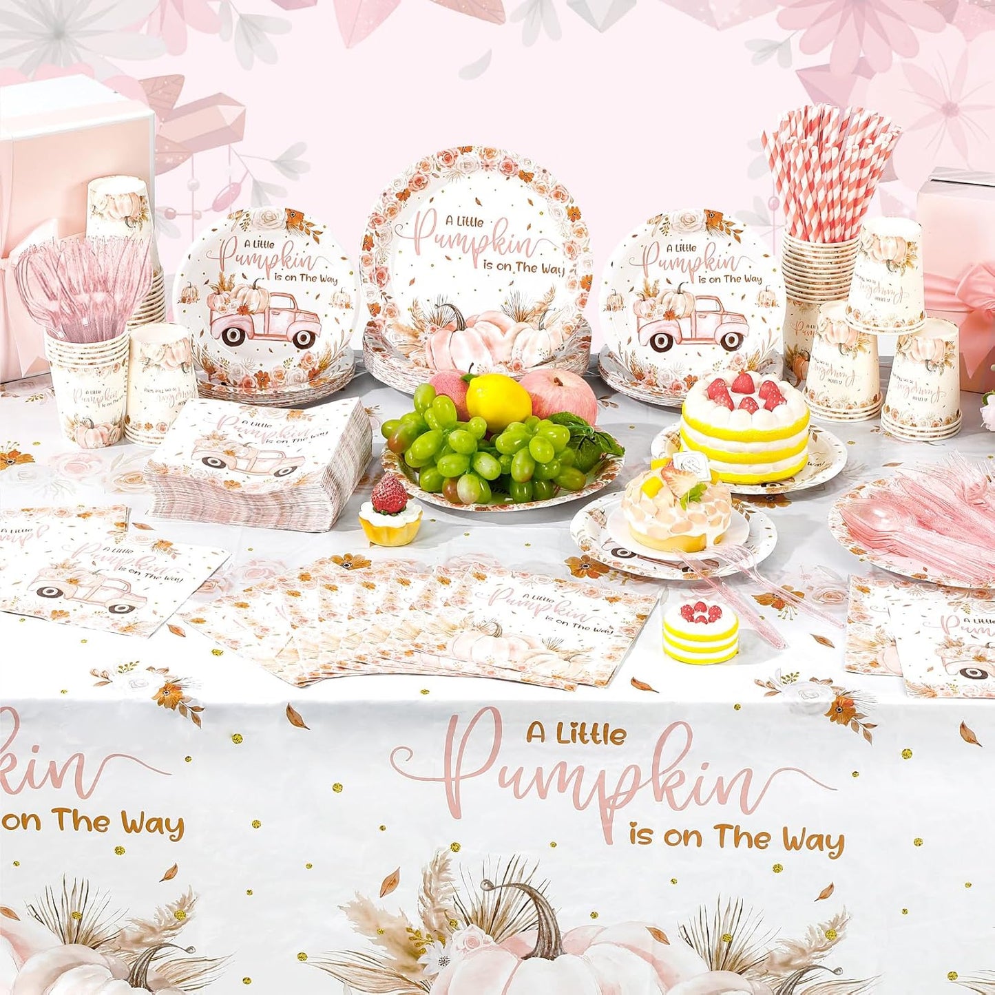 452 Pcs Little Pumpkin Baby Shower Decorations for 50, Pink A Little Pumpkin Is on the Way Paper Plates Napkins Cups Tablecloth Cutlery Straws for Autumn Fall Thanksgiving Party Supplies