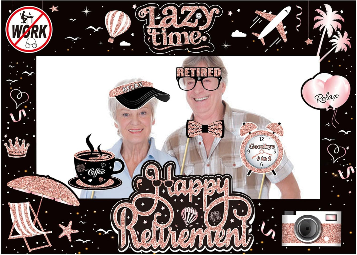 Retirement Party Photo Booth Props Kit - 27pcs Paper Photo Props 1 Frame Glitter Retirement Party Decorations for Retiree Celebration, Farewell Office Party Supplies (Rose Golden and Black)