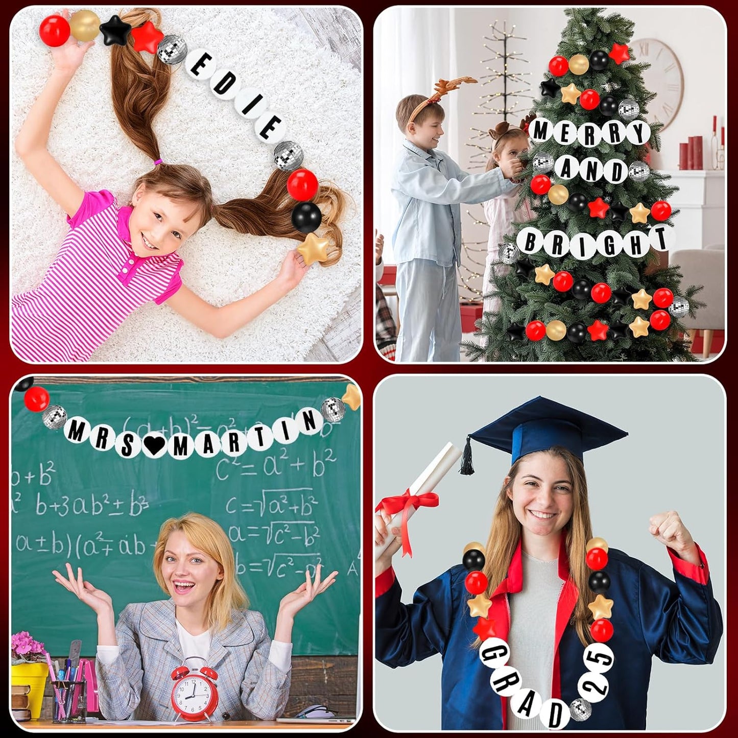 Giant Friendship Bracelet Garland Kit, DIY Birthday Banner with Letters Ball Jumbo Customizable Friendship Bracelet Decor for Halloween Christmas Wedding Party(Black, Gold, Red)