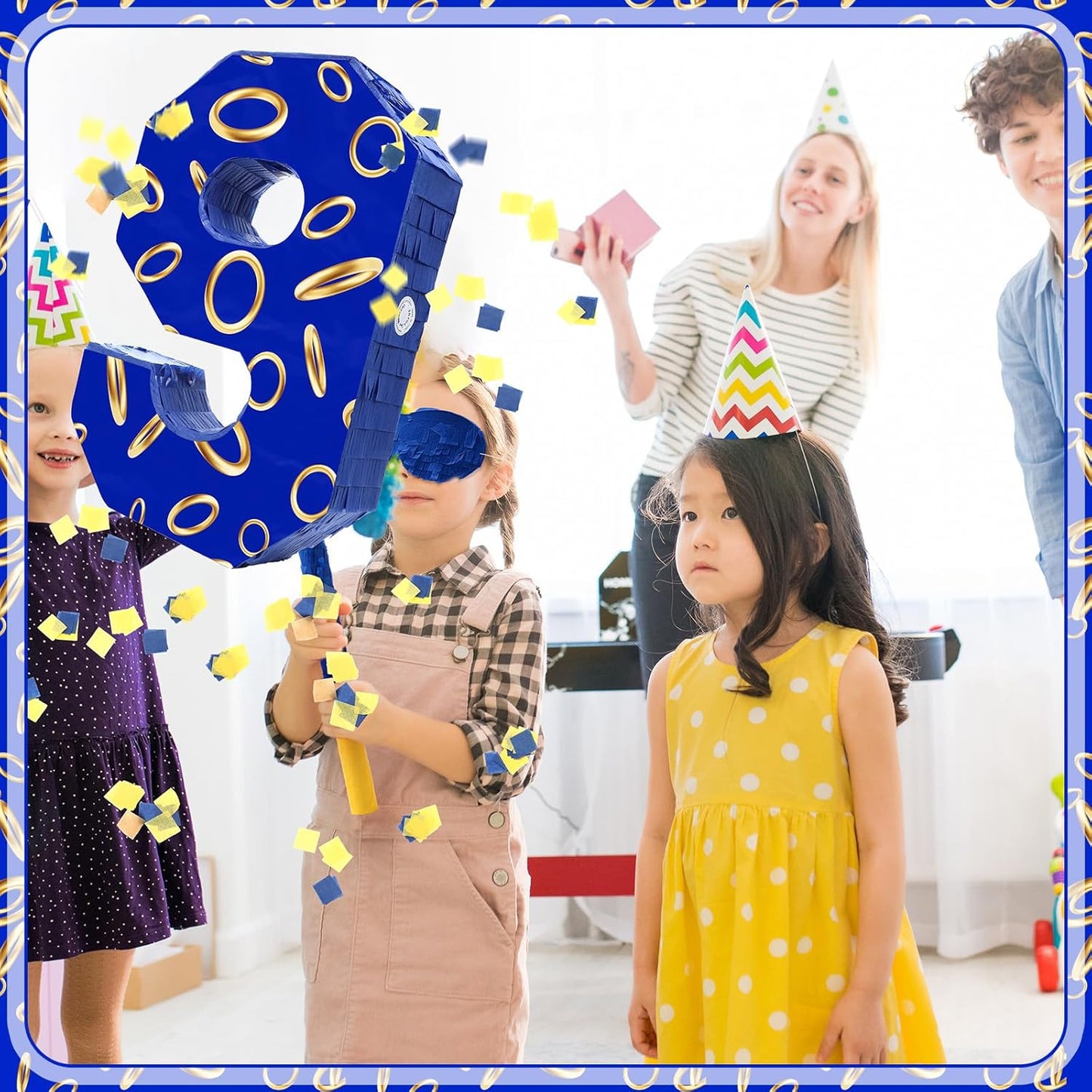 Number 9 Blue and Golden Rings Piñata for Kids Birthday Cartoon Theme Small Piñata with Blindfold Stick Confetti for Fiesta Cinco De Mayo Party Decor, 15.8 x 11 x 2.8 Inch