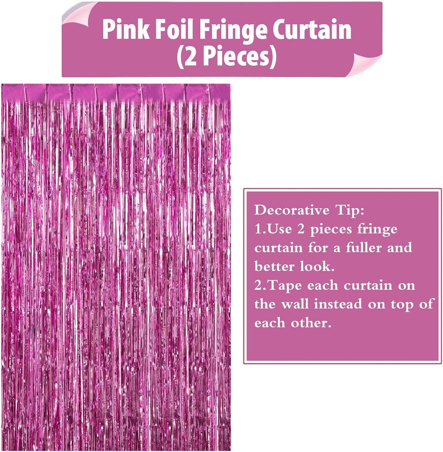 2 Pack Pink Fringe Curtains Foil Shiny Fringe Backdrop Tinsel Door Streamers Foil Curtains for Birthday Wedding Engagement Bridal Shower Celebration Party Decorations Large