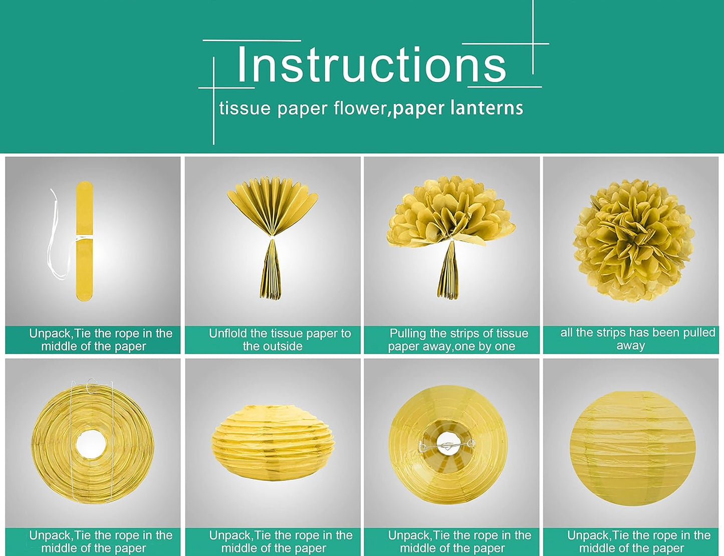 White Gold Teal Party Decorations – 15Pcs Tissue Paper Flowers Pom Poms Paper Lanterns for Women Birthday Party Decoration Baby Shower Bridal Shower Bachelorette Engagement