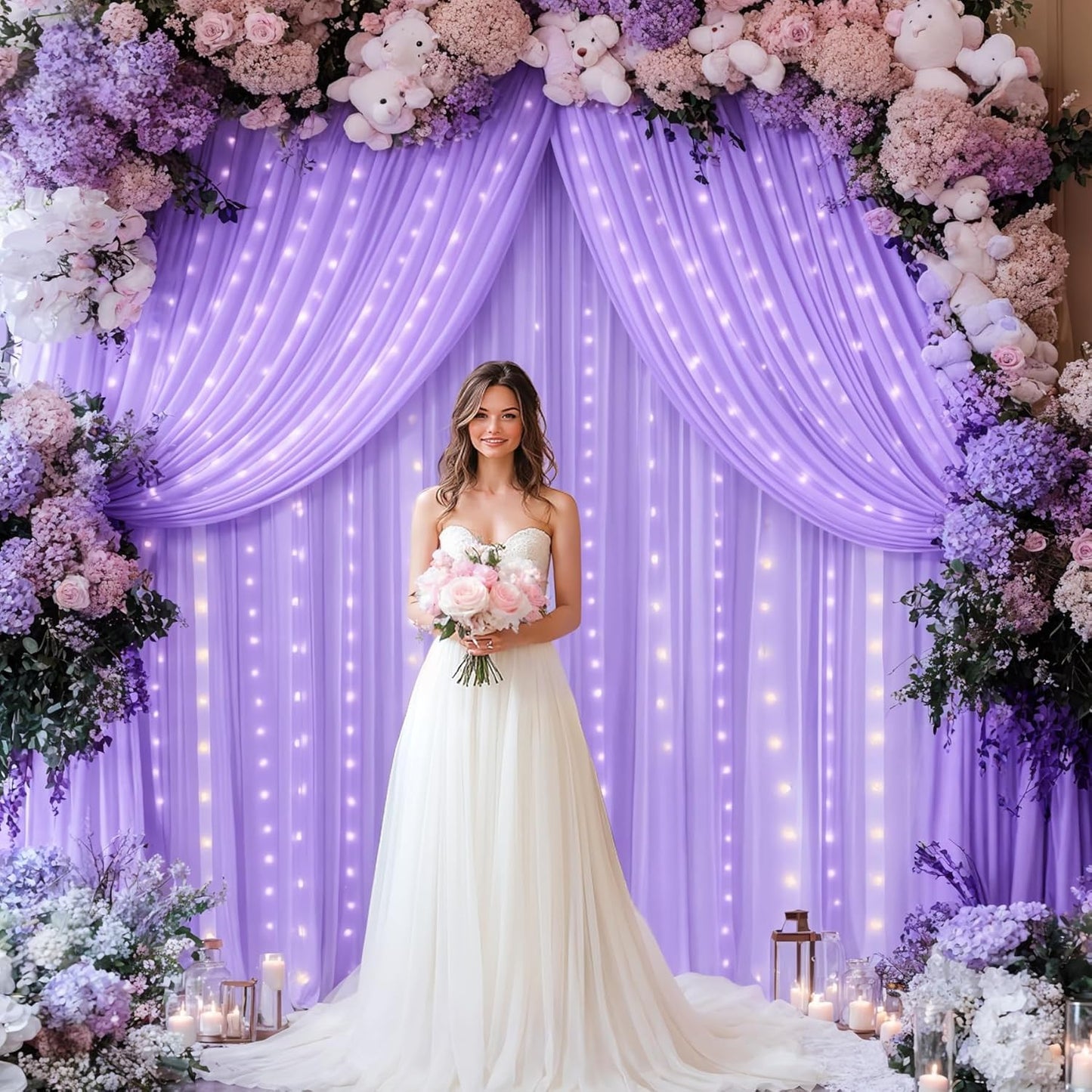 Lavender Backdrop Curtains with Lights for Parties,10x10FT Wrinkle Free Polyester Wedding Photo Backdrop Curtains for Baby Shower Birthday Ceremony Reception Home Party Decorations-5ft x 10ft,2 Panels