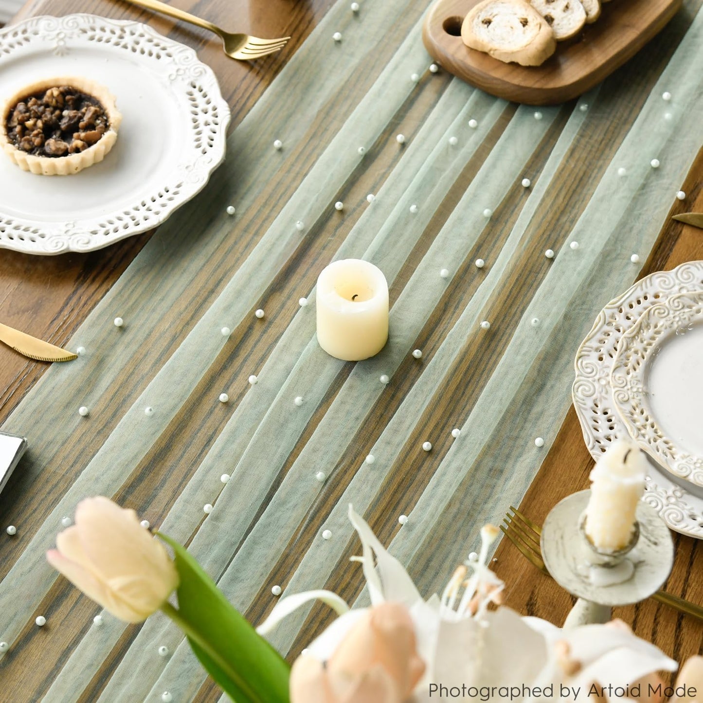 Artoid Mode Pearl Grass Green Gauze Table Runner 59x120 Inch , Seasonal Sheer Kitchen Dining Holiday Wedding Birthday Baby Shower Table Decor for Home Party