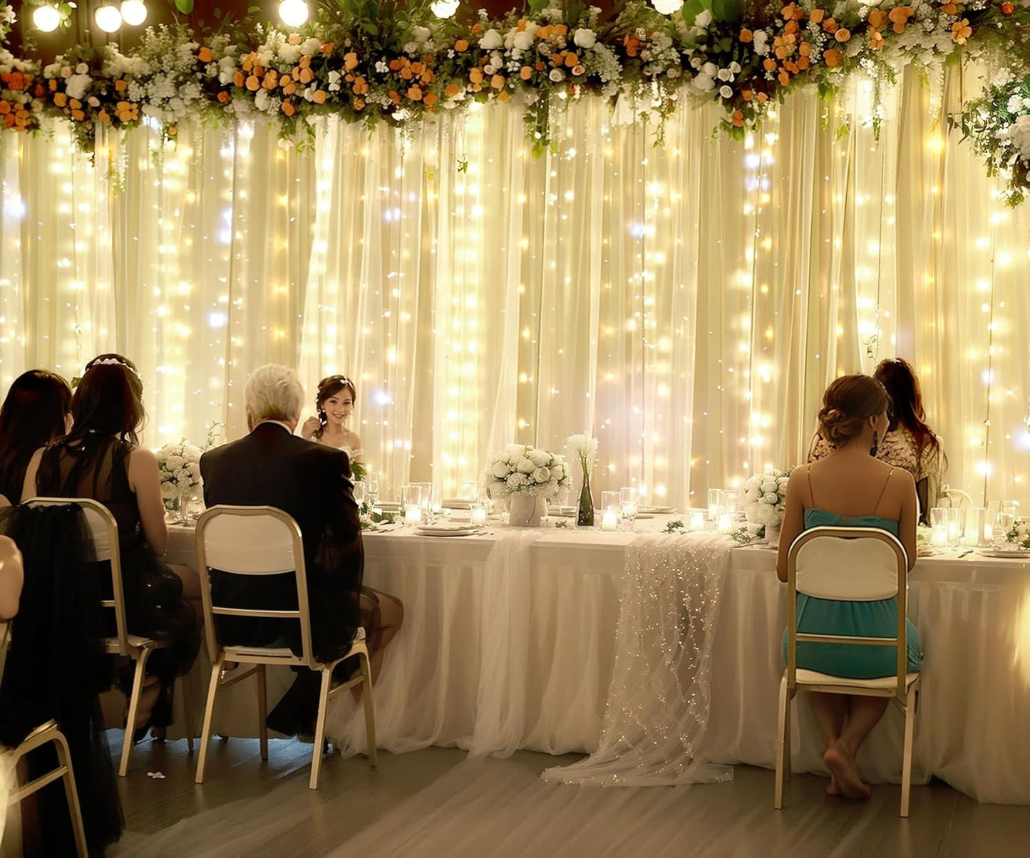 Champagne Tulle Photo Backdrop Curtain with Lights String for Parties Wedding Bridal Shower Sheer Champagne Curtain Backdrop for Birthday Baby Shower Photo Booth Photography 20ft x 8ft