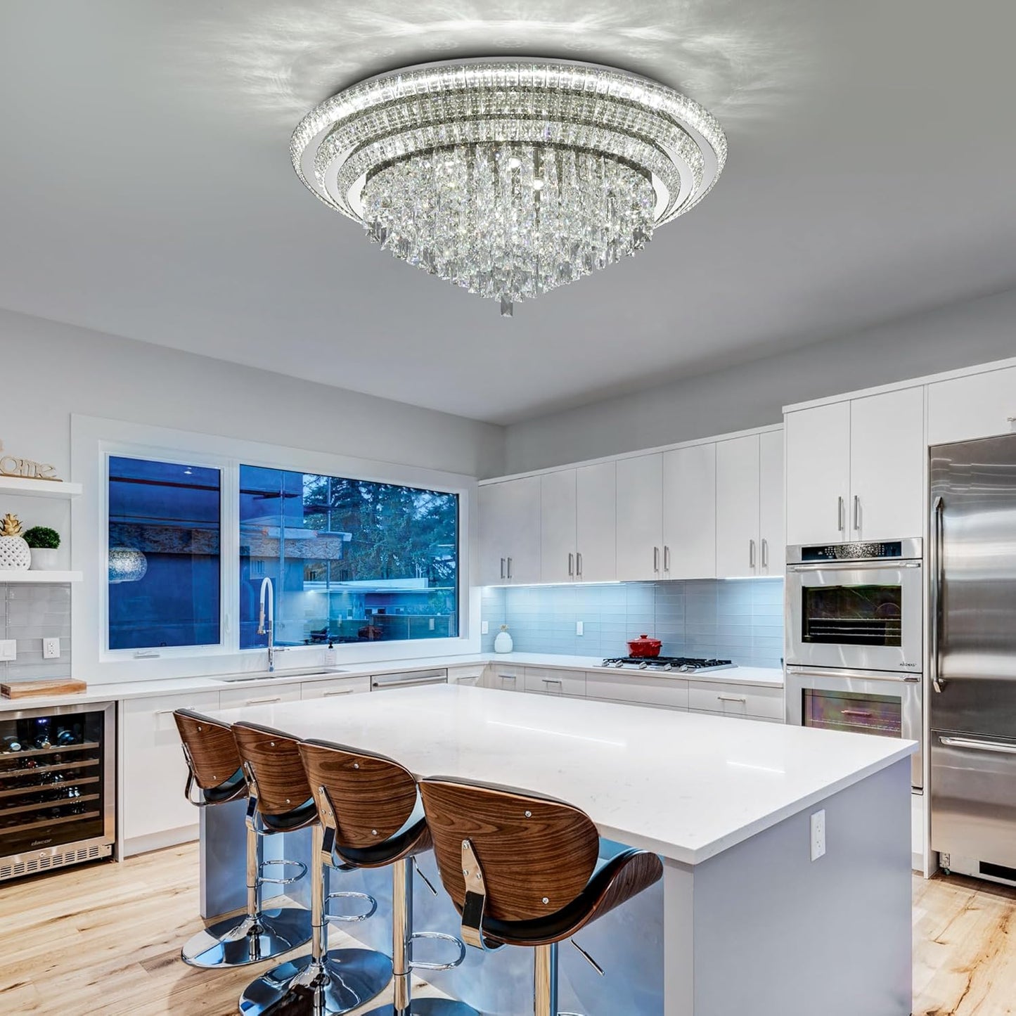 40 inch Crystal Silver Ceiling-Light Flush Mount with Remote Control and APP, 3CCT Dimmable & Brightness Adjustable, Modern Crystal Raindrop Chandeliers for Bedroom Hallway Dinning Room Living Room