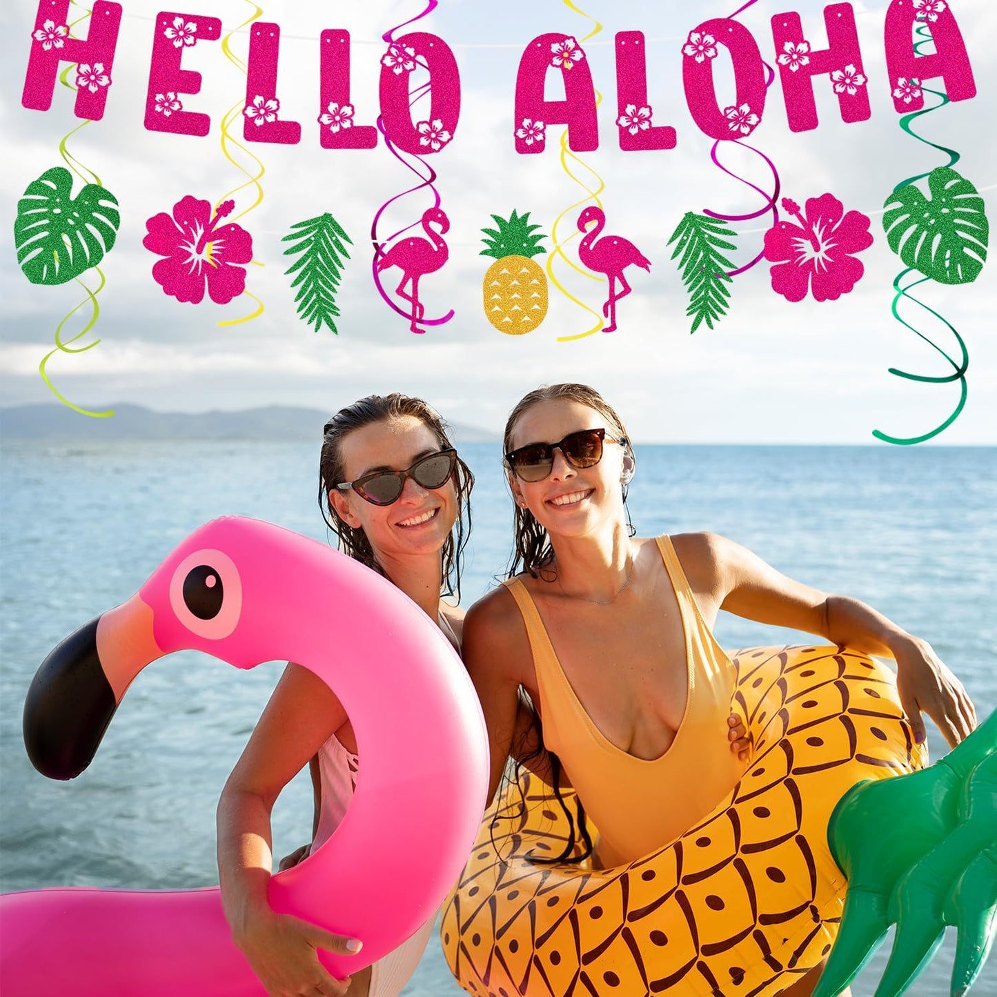 Hawaiian Aloha-Luau Flamingo Party-Decorations Supplies - 21pcs Hello Banner,Pool Paper Lanterns Honeycomb,Beach Theme Streamers Garland,Tissue Pom Poms Flowers Fan,Tropical Summer Tiki Decor Burgleda