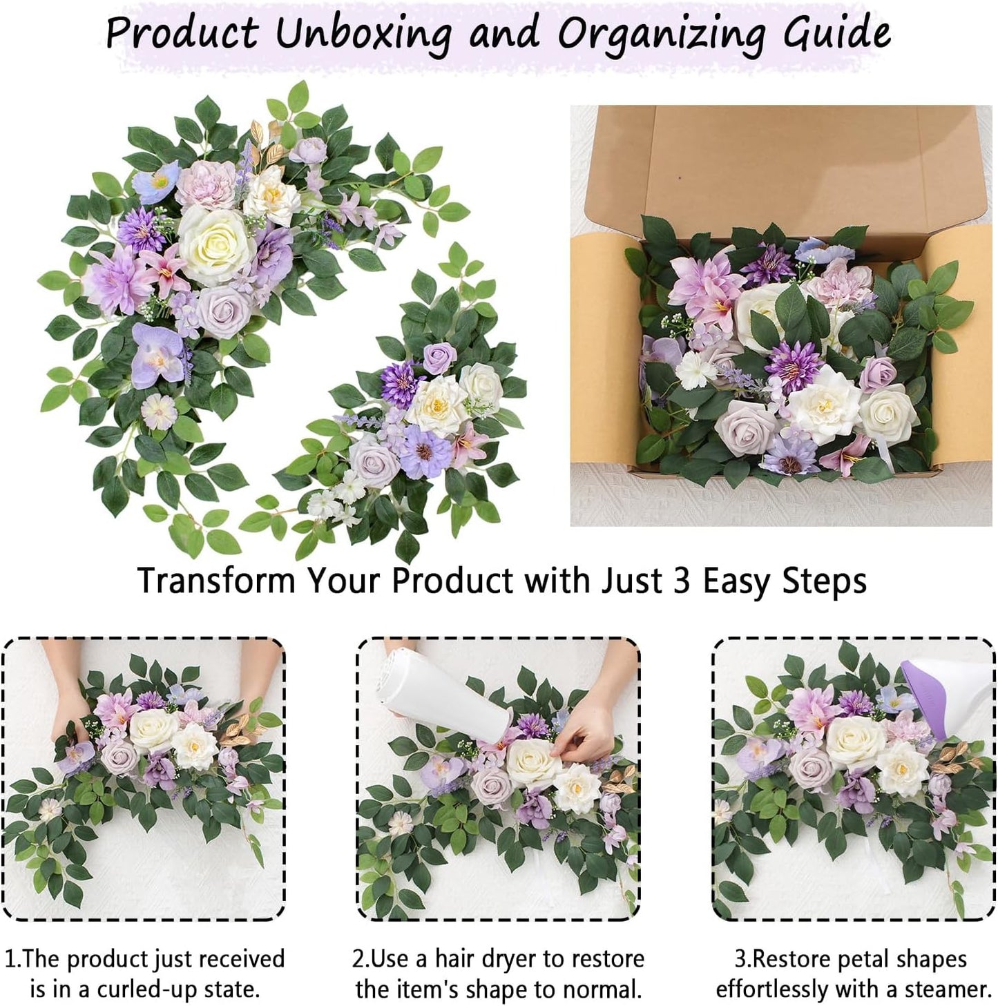 Pack of 2 Artificial Flowers for Backdrop Decoration, Wedding Arch Flowers,Reception Welcome Sign, Eucalyptus Garland, Suited to Aisle Decor and Wedding Arches(Purple)