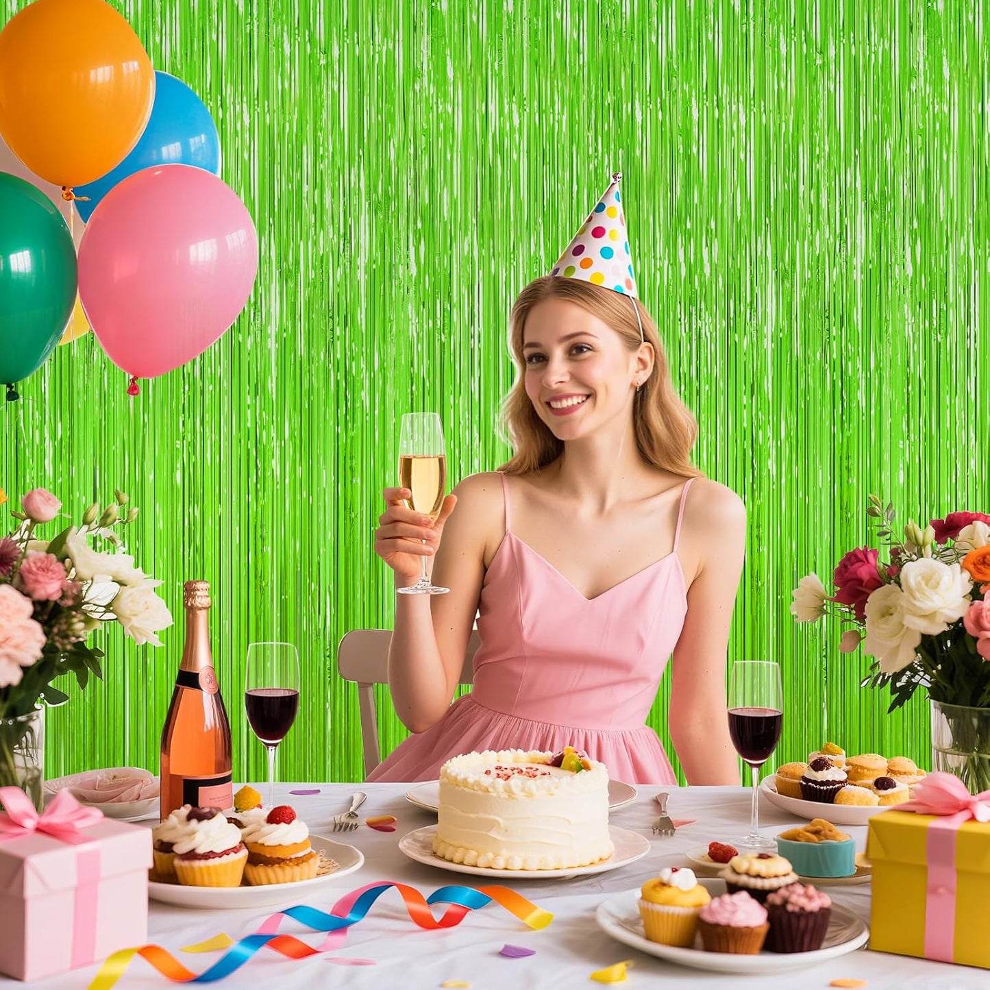 Grass Green Foil Fringe Curtain Backdrop, 2Pack Metallic Tinsel Fringe Curtain Streamers Photo Backdrop for St Patricks Day Football Decorations, Birthday Christmas Tropical Party Decor Door Streamers