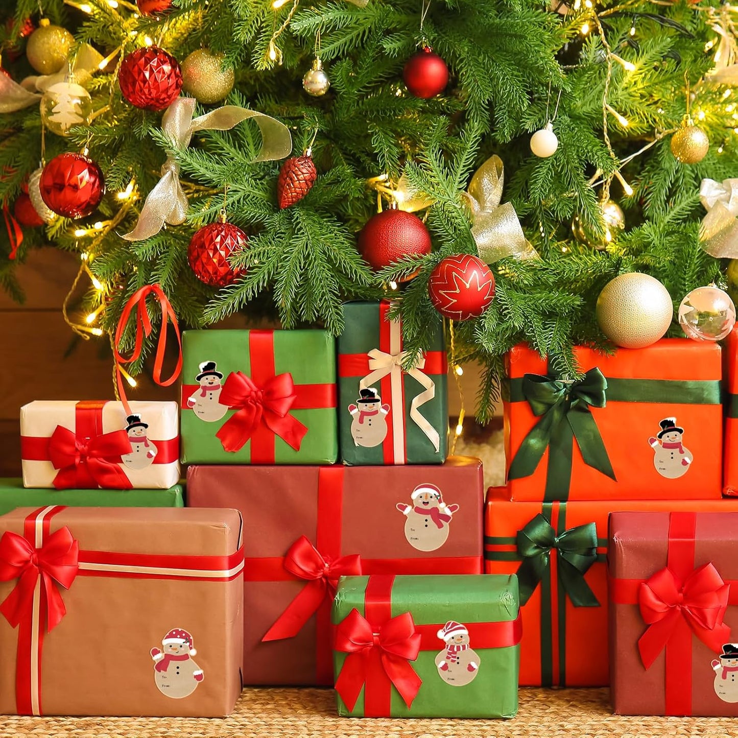 Christmas Gift Tags Stickers, 96Pcs Christmas Gift Labels Stickers, Self-Adhesive Christmas Name Tags for Xmas Gifts Wrap Presents Boxes Decoration, 2 x 3 Inch, Natural Kraft Paper Snowman Stickers