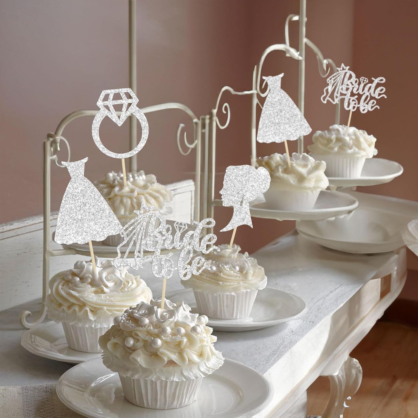 Gyufise 24 Pack Bride to Be Cupcake Toppers with Heart Ring Dress Glitter Bridal Shower Cupcake Picks Decorations for Wedding Engagement Bachelorette Party Cake Decorations Supplies Silver