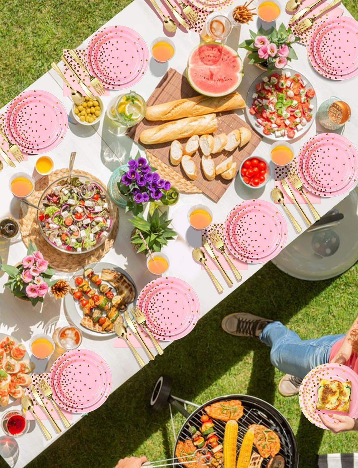 141 Pieces Pink and Gold Party Supplies, Party Dinnerware Sets Include Paper Plates Napkins Cups Silverware, for Wedding Bridal Shower Engagement Birthday Parties Decoration -20 Serves