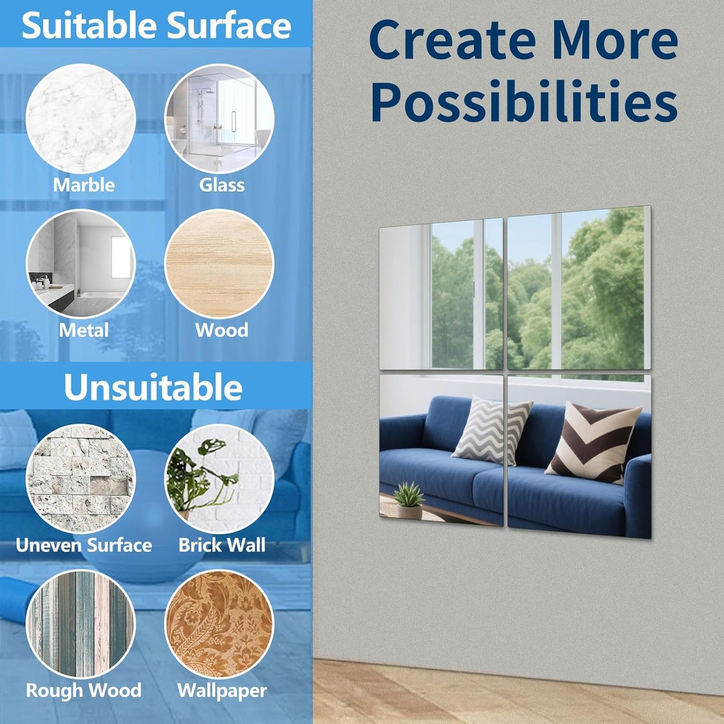 Unbreakable Acylic Small Mirror Tiles for Kids, (4-Pcs 10x10 Inch) Plastic Mirrors for Wall, Stick on Mirrors for Wall Decor, Shatterproof Mirror for Kids Bedroom