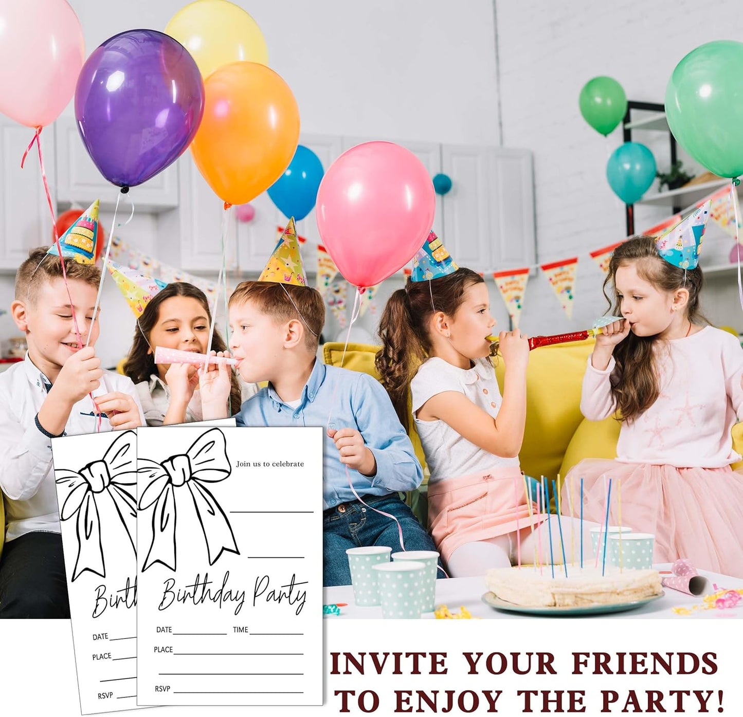 SIXEIGHT Black Bow Birthday Decorations, Black Ribbon Bow Birthday Party Invitations, 20 Party Invitations with Envelopes for Girls Boys, Bows Decorations Supplies, 4"x6"-A10