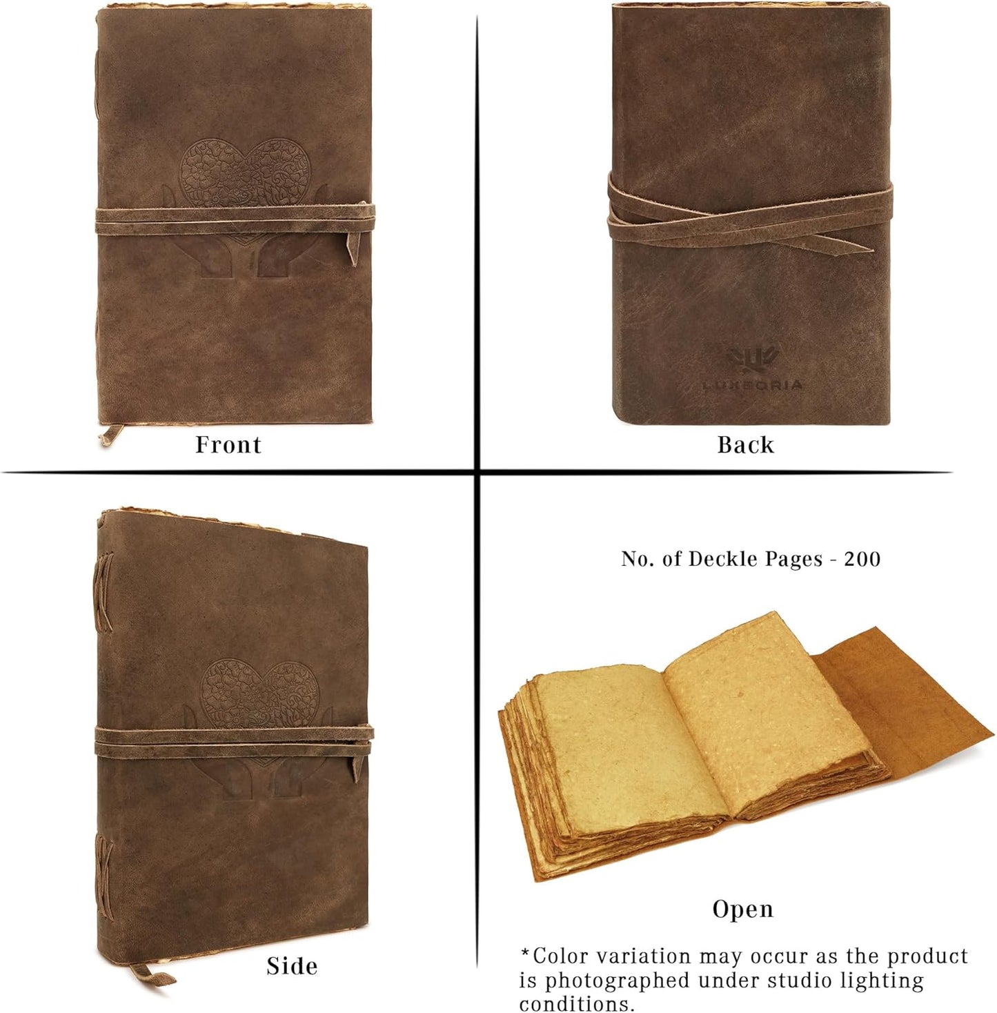 LUXEORIA Heart Journal for Women and Men, Handcrafted Leather Journal for Writing Womens, Sketchbook, Travel Diary with Unlined Deckle Paper, Distressed Brown 8x13