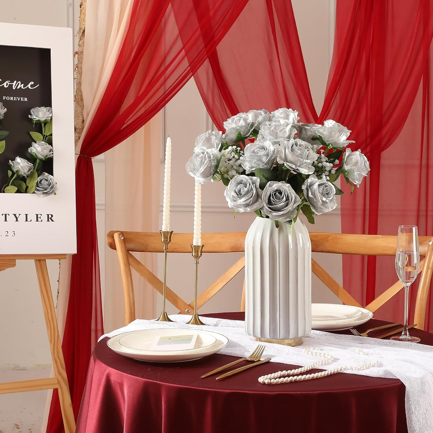 Tifuly Silver Roses Artificial Flowers -12Pcs Realistic Single Long Stem Fake Silk Roses Bouquet for Party Home Wedding Centerpiece Hotel Office Decor