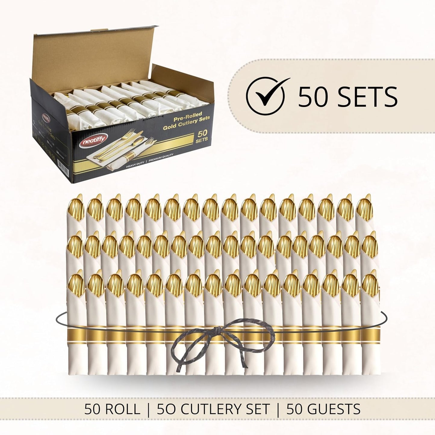 Neatiffy 50 Pack Gold Plastic Silverware Set, Pre Rolled Napkin and Cutlery Set with 50 Forks, 50 Knives, 50 Spoons, 50 Napkins, Utensils, Silverware for Parties, Weddings and Birthdays