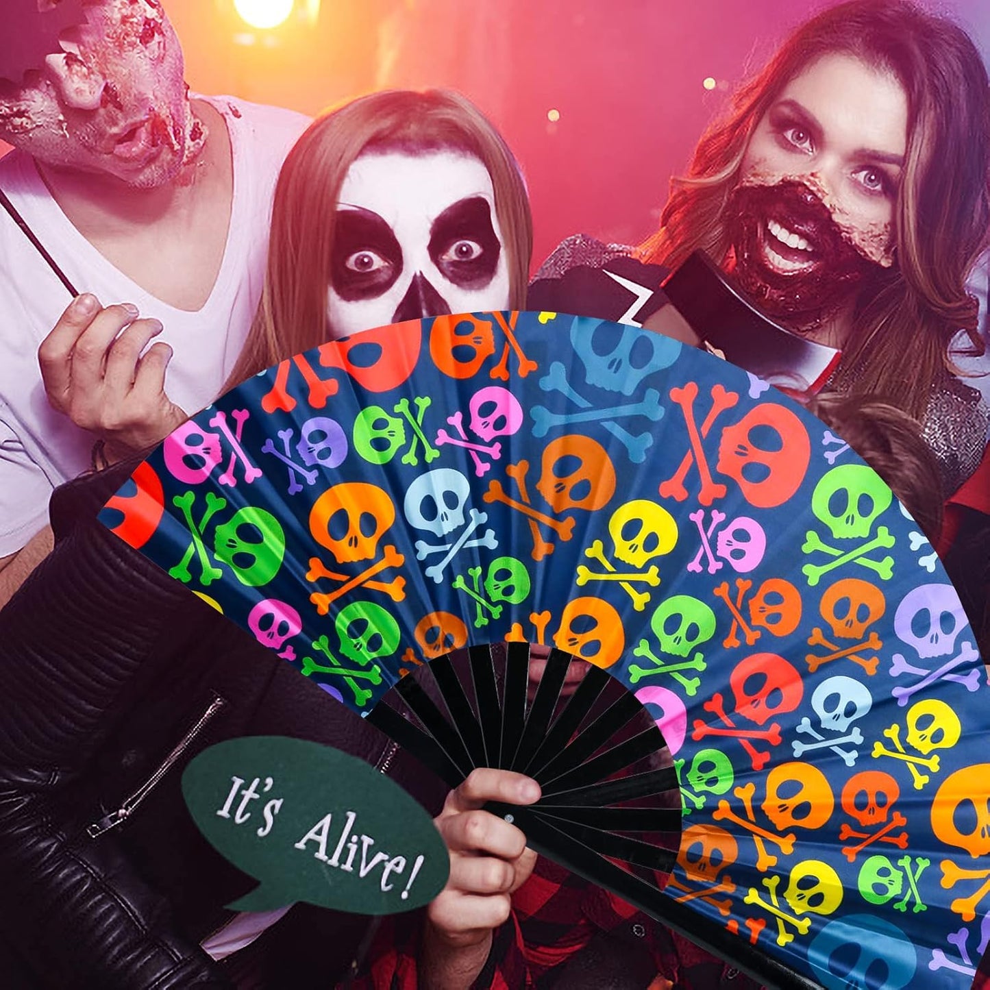 SYNTECSO Folding Hand Fan for Rave, UV Glow Fan, Large Bamboo Fan for Drag Queen, Women and Men Gift,Chinese Japanese Clack Fan for Parties, Music Festivals, EDM and Decoration