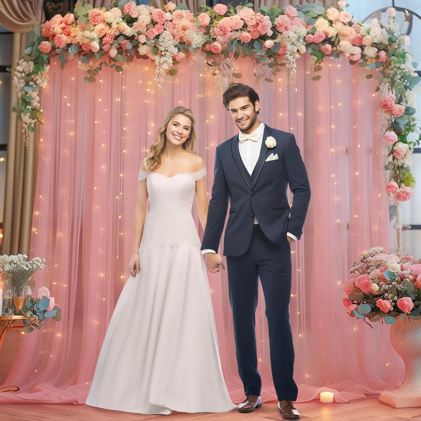 10×10ft Dusty Rose Tulle Backdrop Curtain with Lights String for Parties, Sheer Photo Curtain Backdrop Drapes for Wedding Party Photography Backgrounds