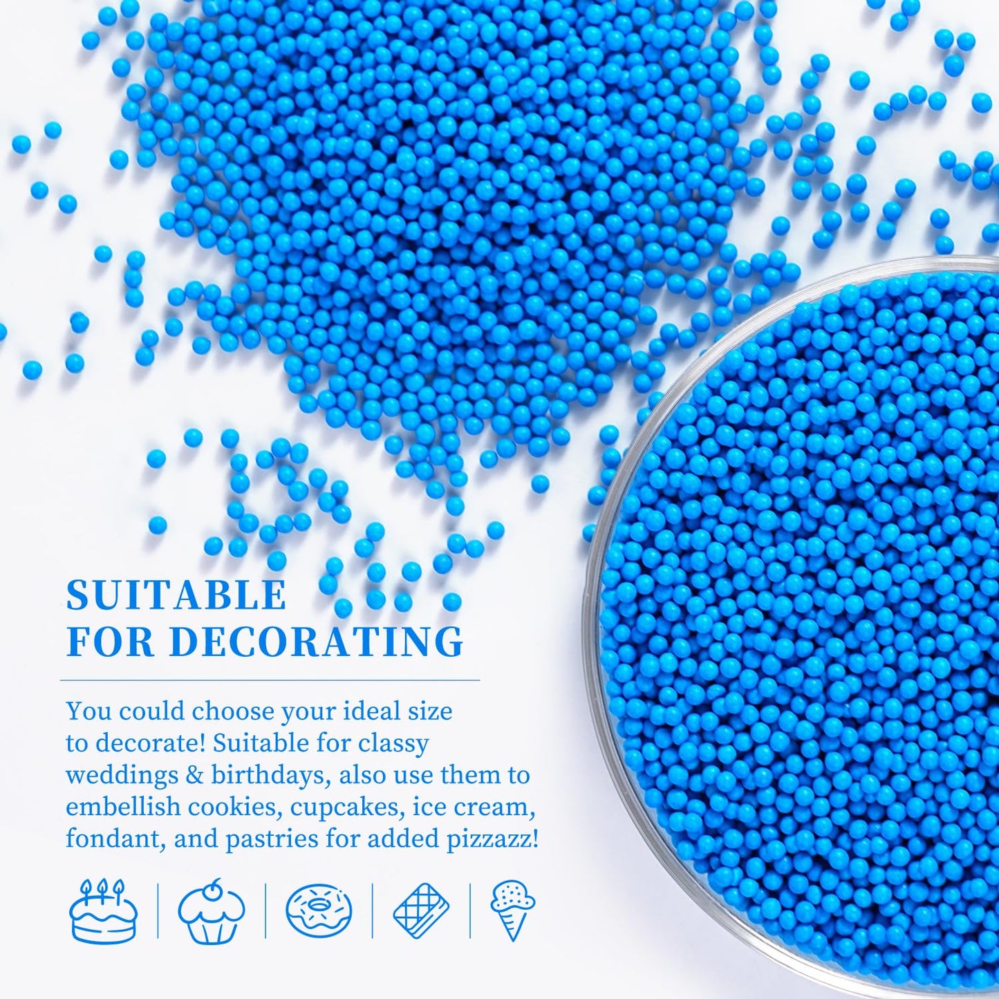 Edible Blue Sprinkles, Blue Nonpareils Sprinkles, 2mm Pearls Sprinkle for Cake Decorating and Baking, for Patriotic, 4th of July, Birthday, Winter Theme Party, and Baby Showers(4.23oz/120g)