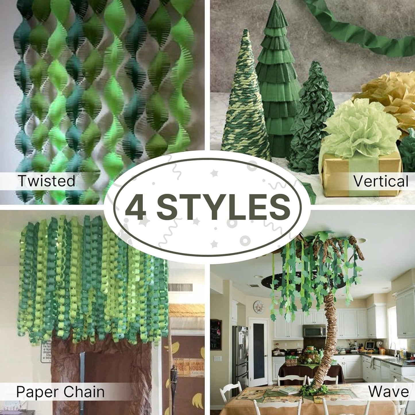 PartyWoo Sage Green Crepe Paper Streamers 4 Rolls 328 ft Pack of Hunter Sage Green Gold Sand White Crepe Paper for Jungle Safari Graduation Birthday Party Decorations (1.8 Inch x 82 Ft/Roll)