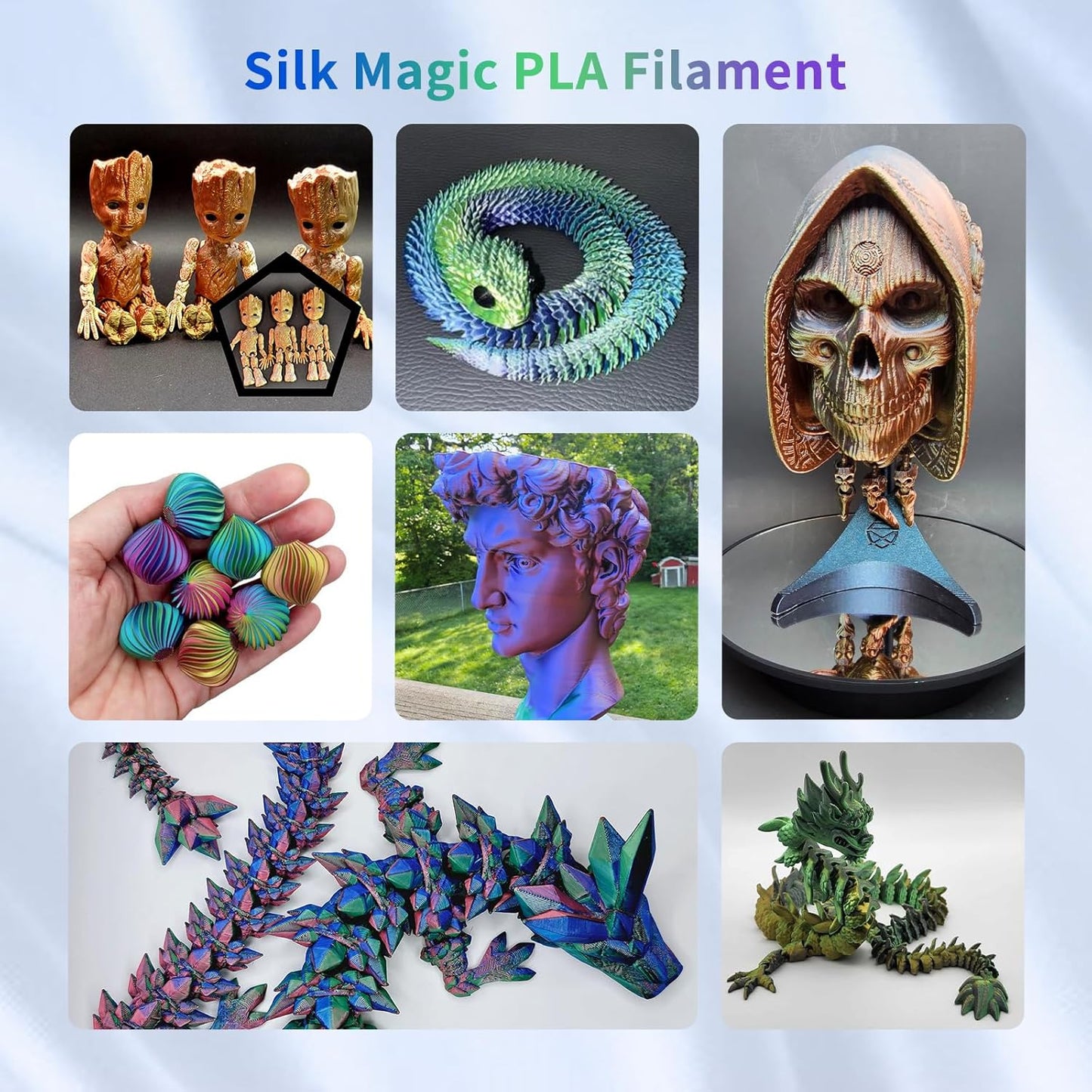 YOUSU 3D Printer Filament Silk PLA Filament Rainbow Color,1.75mm Tri Color Filament 6 * 1kg Pack.