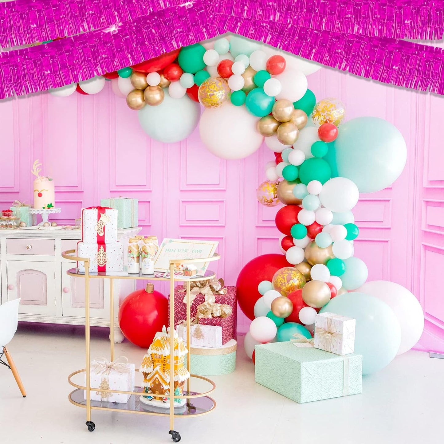 6 Pack 10 Feet Pink Metallic Foil Fringe Garland Rectangular Banner for Parade Floats, Thanksgiving, Christmas, Birthday, Halloween Party Decorations