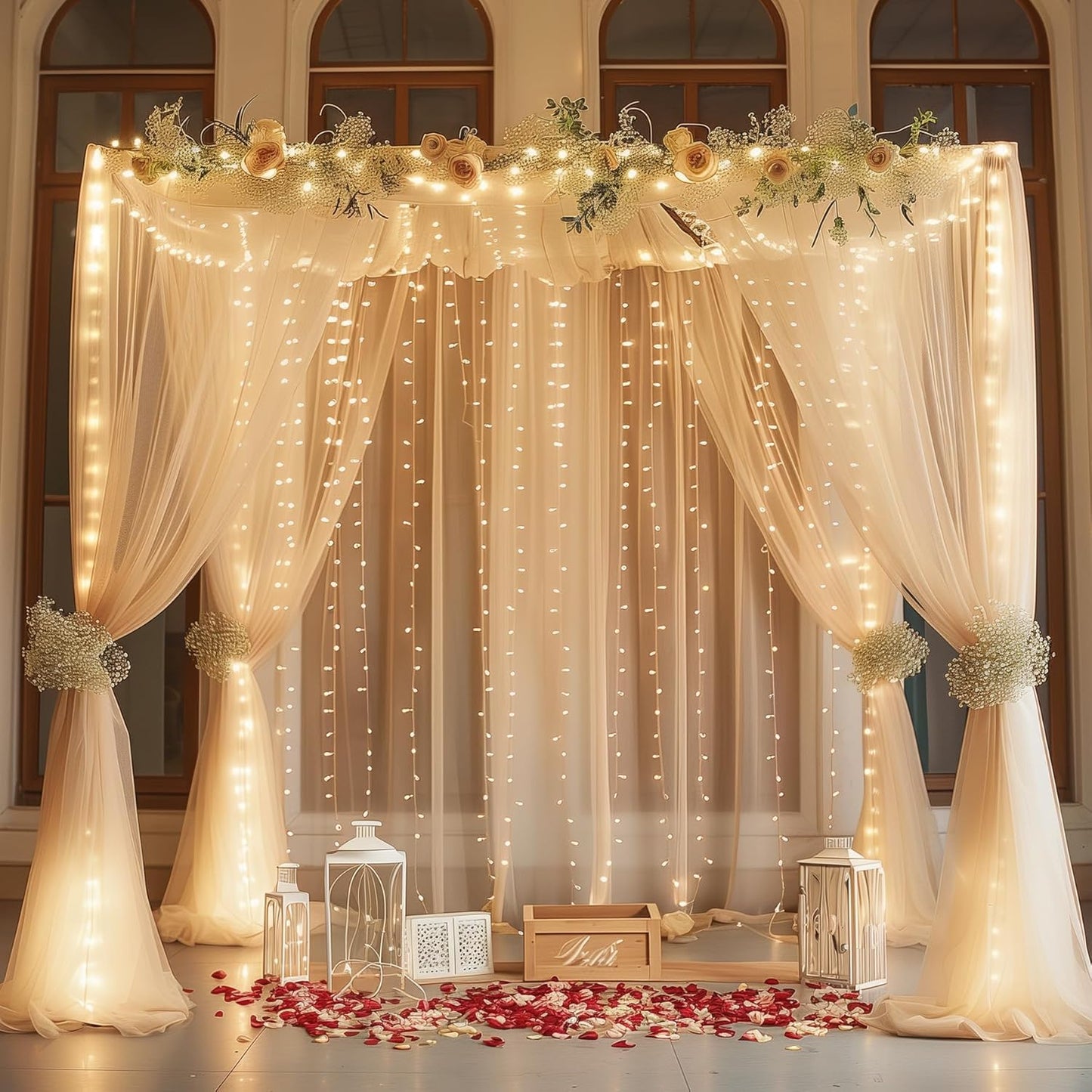 10ft x 7ft Champagne Chiffon Backdrop Curtain with Lights String for Parites Wedding Wrinkle Free Curtain Photo Backdrops Drapes for Baby Shower Birthday Party Home Decorations