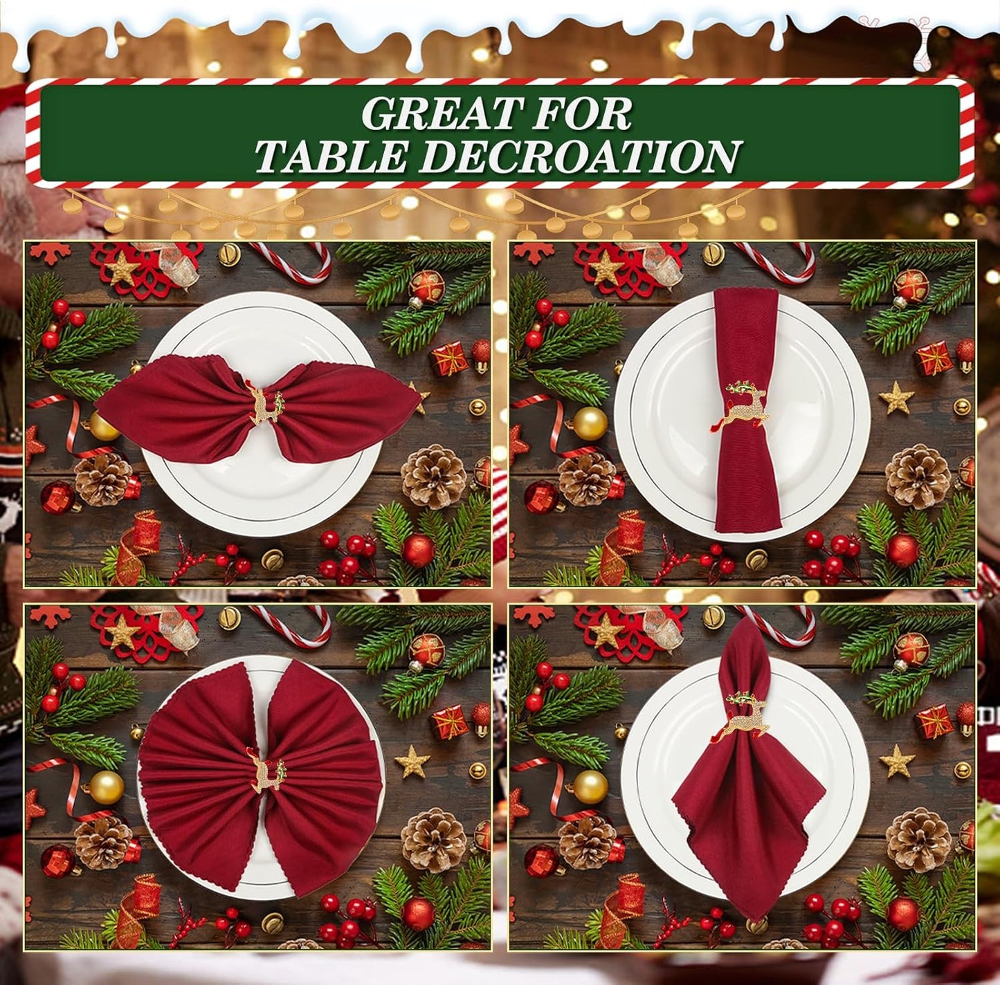 KPOSIYA Set of 12 Christmas Napkin Rings for Dinning Table Setting, Metal Xmas Napkin Ring Holders for Wedding Receptions, Winter, Thanksgiving Holiday Party Dinner Parties