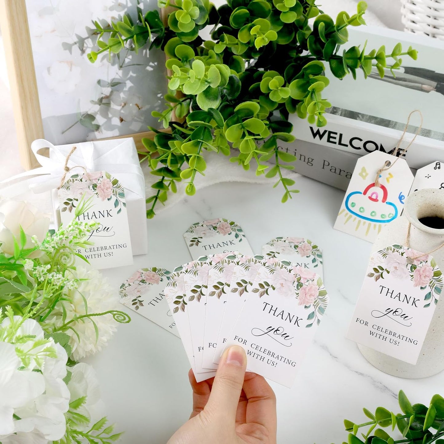 SallyFashion 75PCS Thank You Gift Tags, 2x3inch Floral Personalized Gift Tags with String for Wedding Birthdays Party Favors Baby Shower Bridal Shower