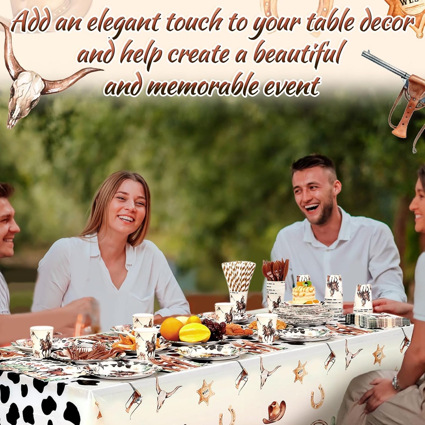 452 Pcs Western Birthday Party Decorations for 50, Western Cowboy Paper Plates Cups Napkins Tablecloth Cutlery Straws Cowboy Tableware for Wild West Horse Rodeo Birthday Party Supplies