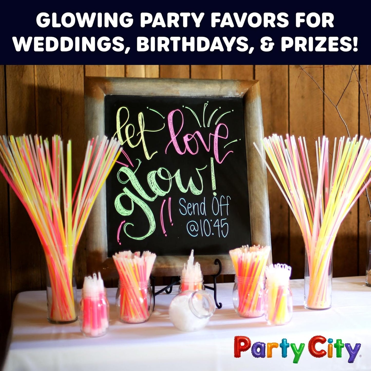 Party City 50 Glow Sticks Bulk Party Pack 8”– Neon Glow in the Dark Party Supplies, Glowsticks with Connectors Bracelets & Necklaces, Light Up Favors for Kids, Adults, Birthdays, Parties, Decorations