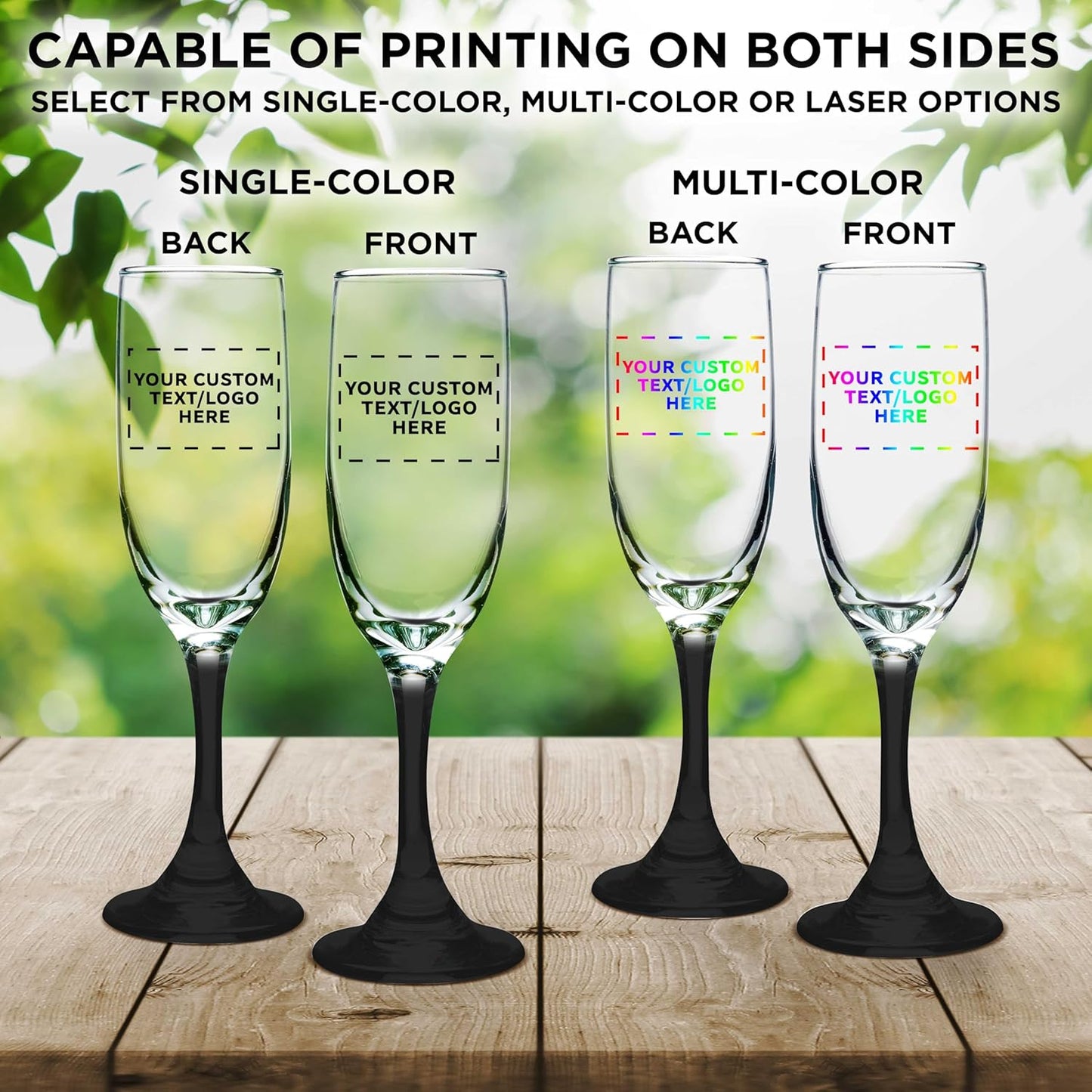 DISCOUNT PROMOS Custom Premiere Champagne Flutes 6.25 oz. Set of 100, Personalized Bulk Pack - Elegant Drinkware for Weddings, Events, & Promotional Gifts - Black