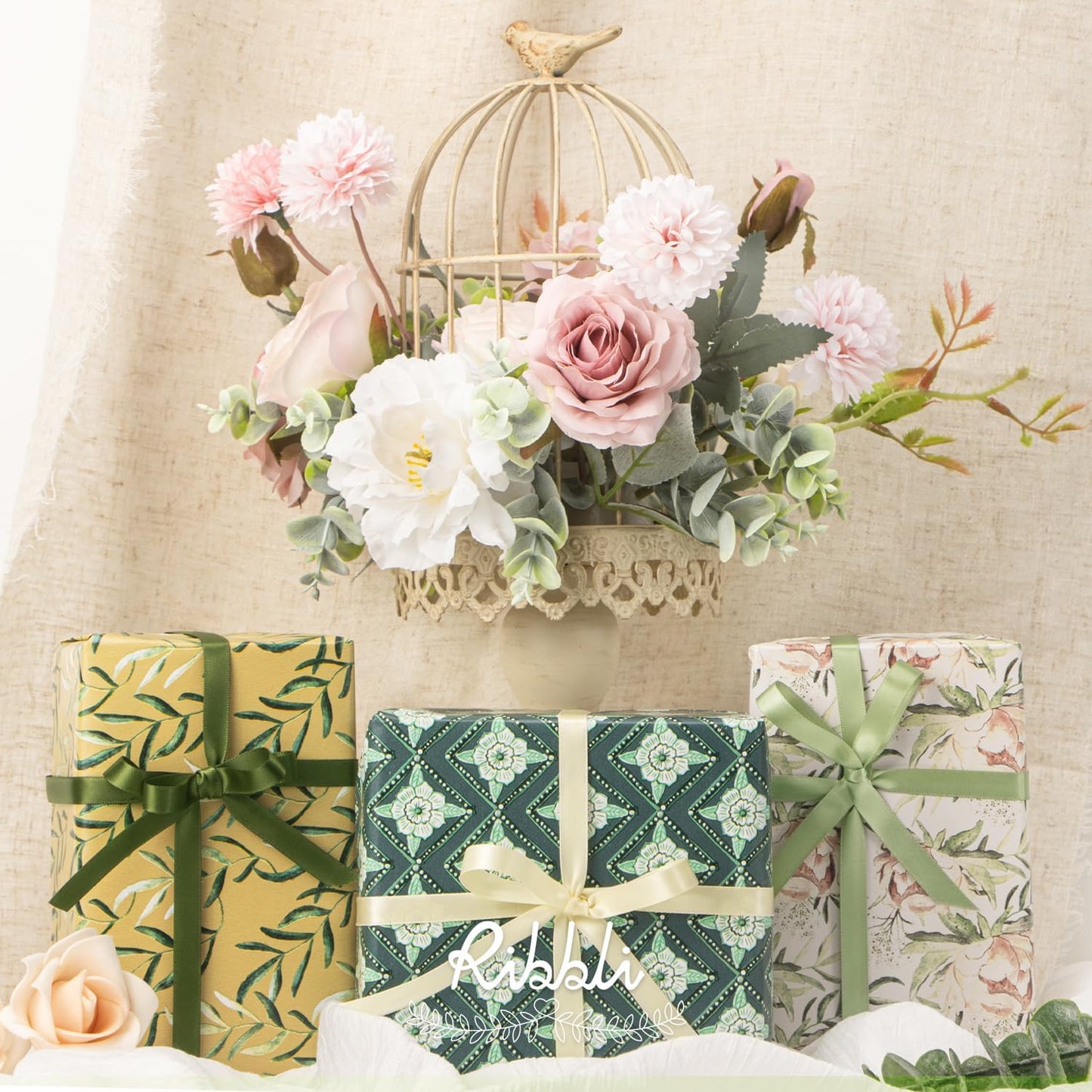 Ribbli Sage Green Satin Ribbon 3/8 Inch x 4 Rolls Total 40 Yards- Ivory/Sage/Dusty Sage/Moss Green Ribbon for Wrapping and Craft