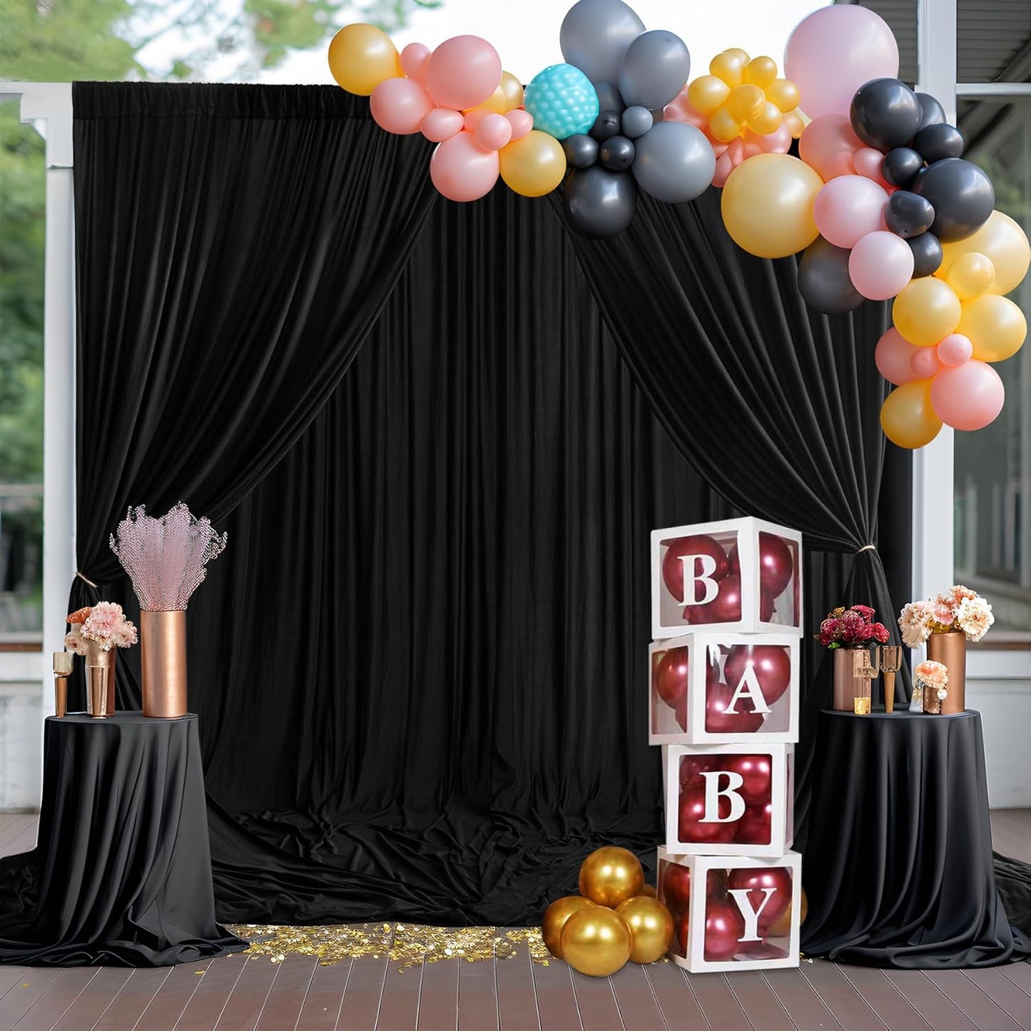 10ftร9ft Black Backdrop Curtain, Wrinkle Free Thick Polyester Drapes for Backdrop, 2 Panels 5ft x 9ft Photo Backdrop Curtains for Parties Birthday Wedding Graduation Photography Background Cloth