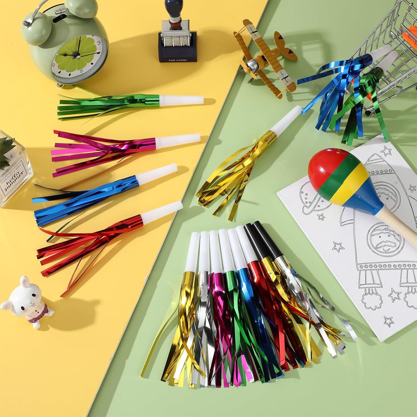 48 Pcs Noise Makers Glitter Metallic Fringed Noise Makers Horns for Baby Shower, Kids Birthday, New Year Party Favor - White Blue