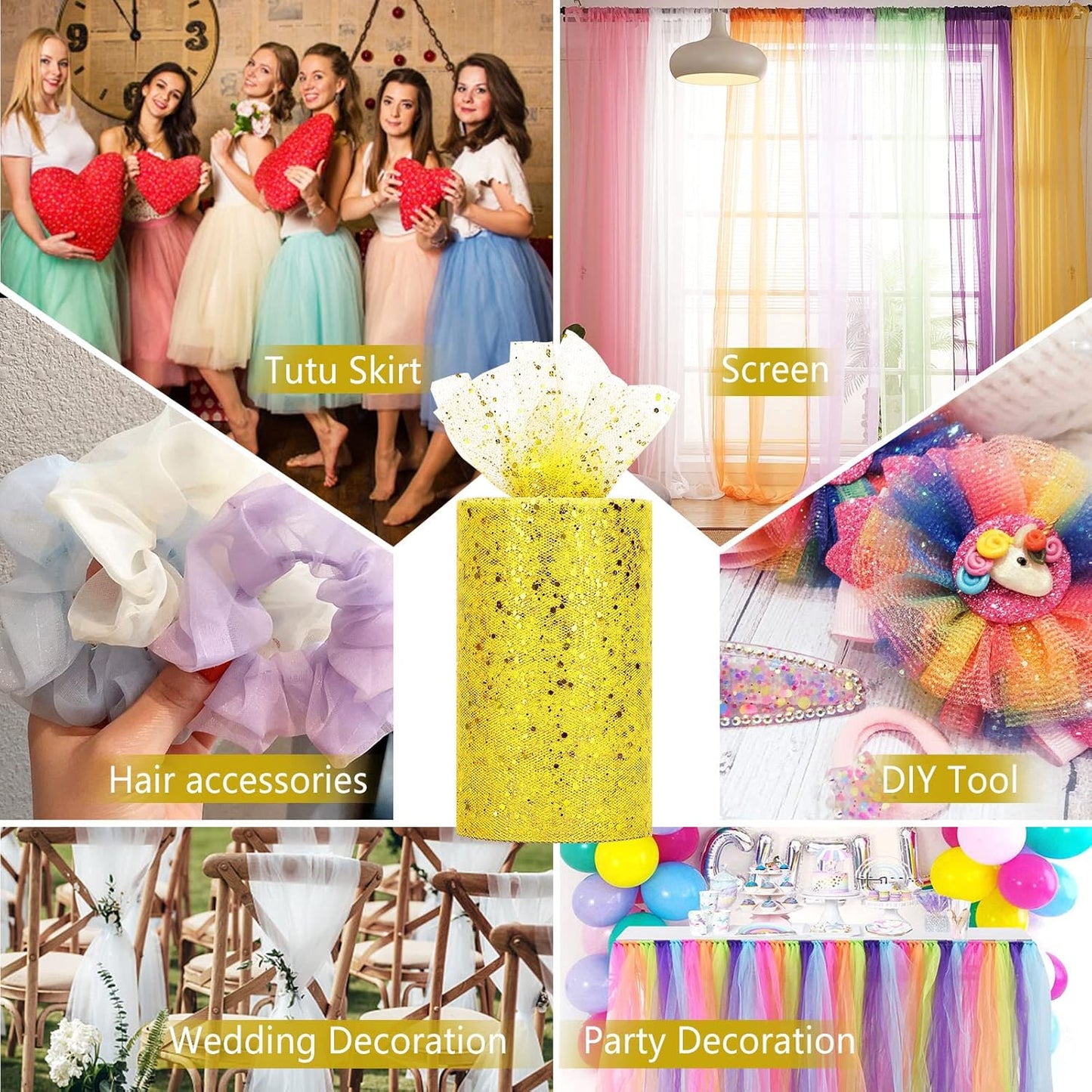 Glitter Tulle Rolls, 6” by 50 Yards (150FT) Sparkling Tulle Spool Ribbon Sequin Tulle Netting Fabric for Tutu Skirt Wedding Birthday Baby Shower (Yellow)