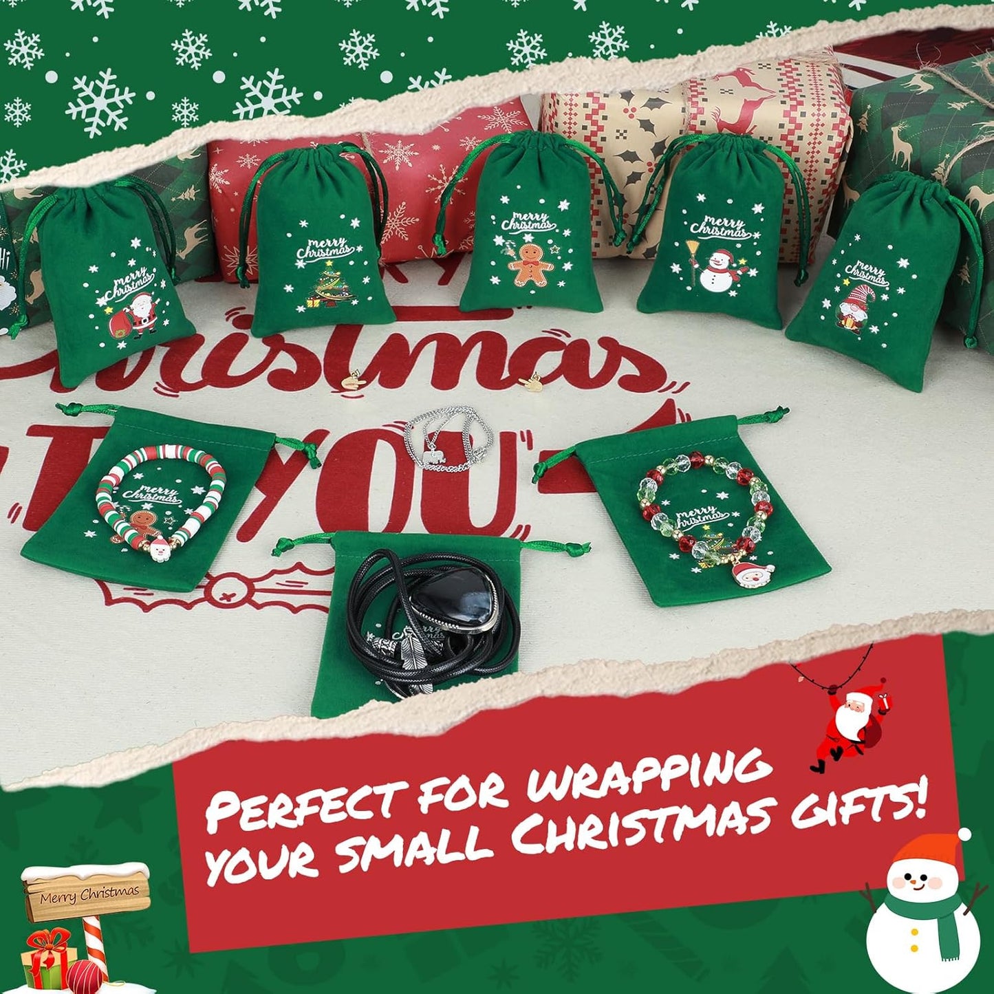 Tapleap Christmas Bags with Drawstring - 50Pcs 3x4 Green Velvet Coth for Wrapping Christmas Party Favors or Gifts for Friends, Children, Customers