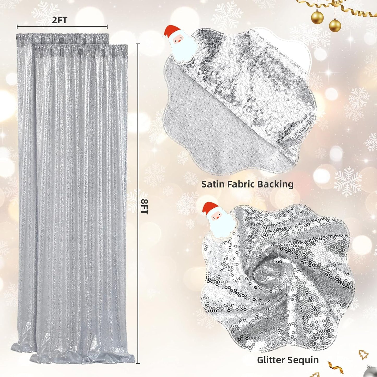 SquarePie Sequin Backdrop Non-Transparent Background Sparkly Curtain for Wedding Party 2FT x 8FT Silver 2pcs